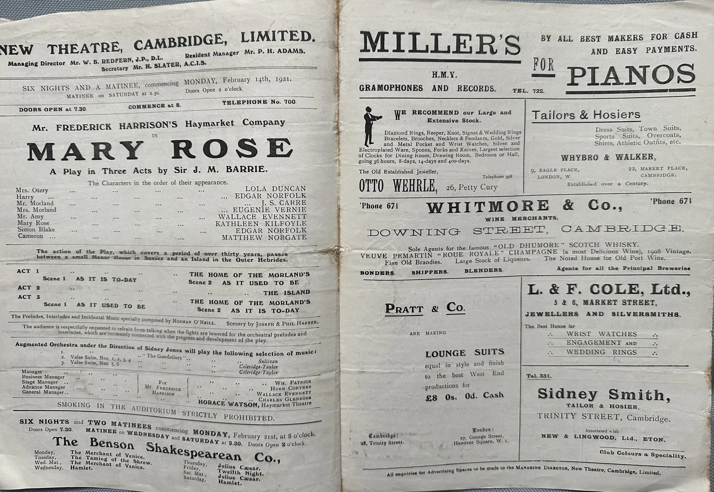 New Theatre Cambridge Programme Flyer February 1921 centre pages