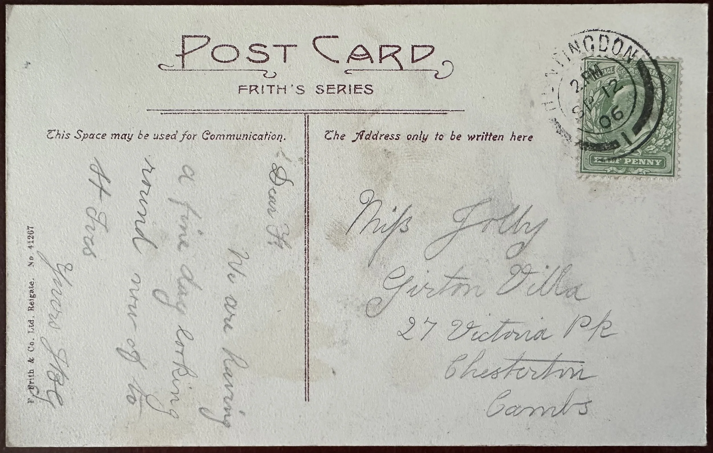 Old postcard to Chesterton 1906