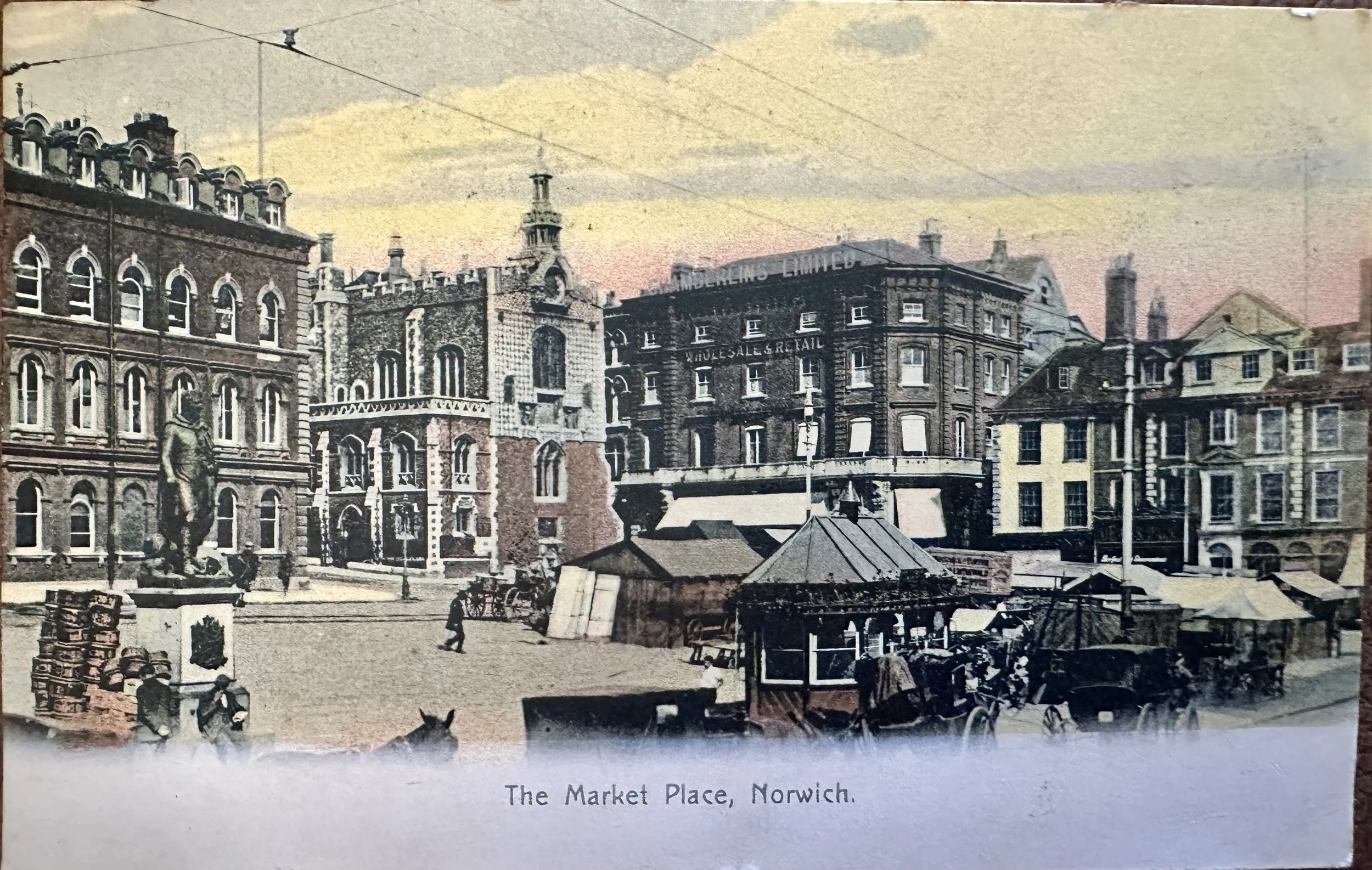 The Market Place Norwich - old postcard sent to Cambridge 1907