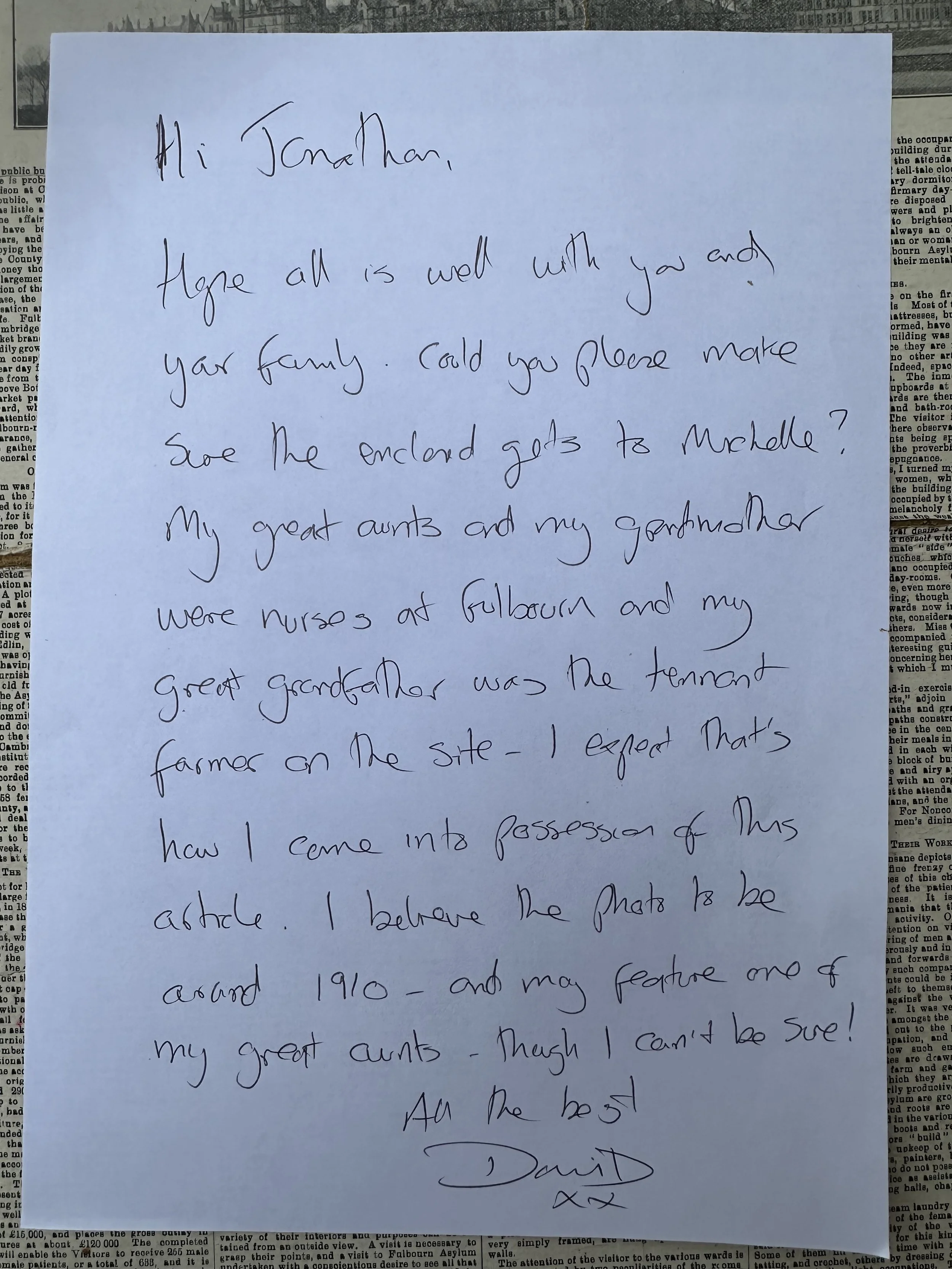 Letter of donation to the archives of Fulbourn asylum information