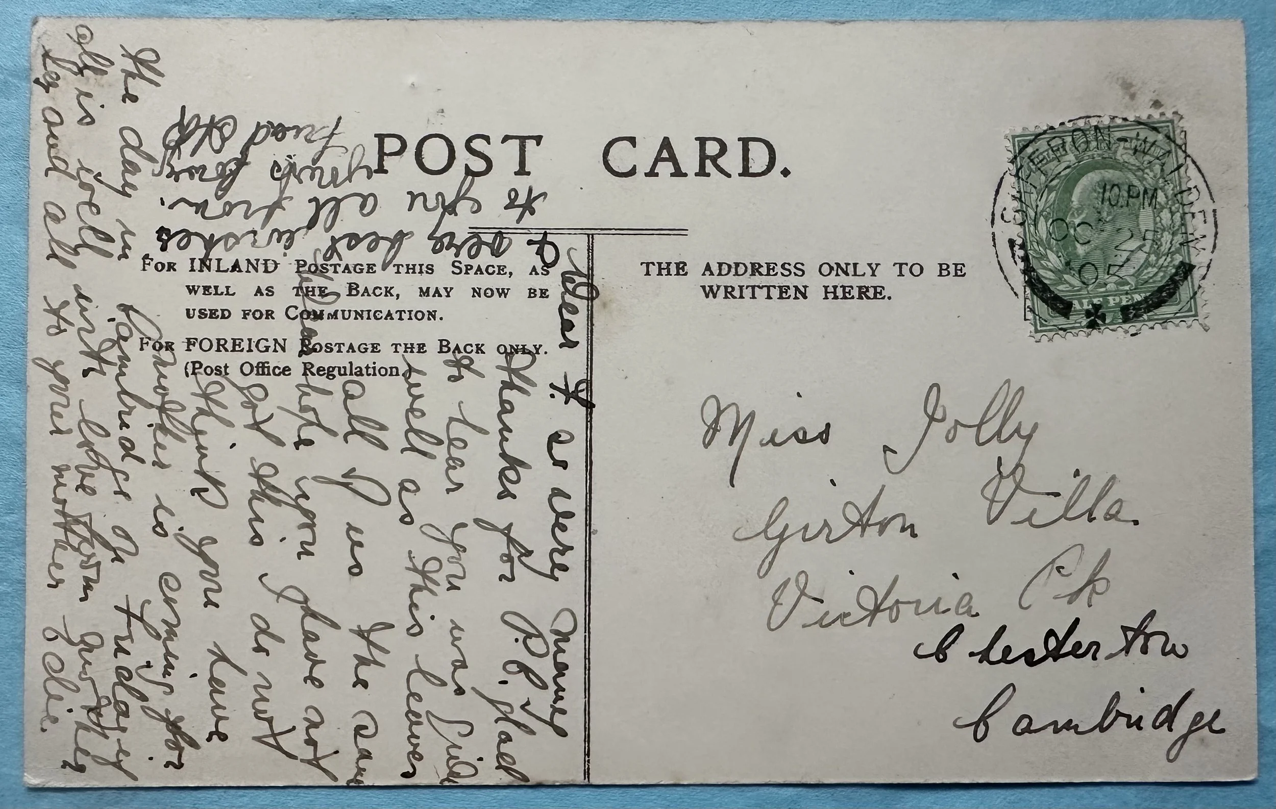 Reverse of old postcard Audley End 1905