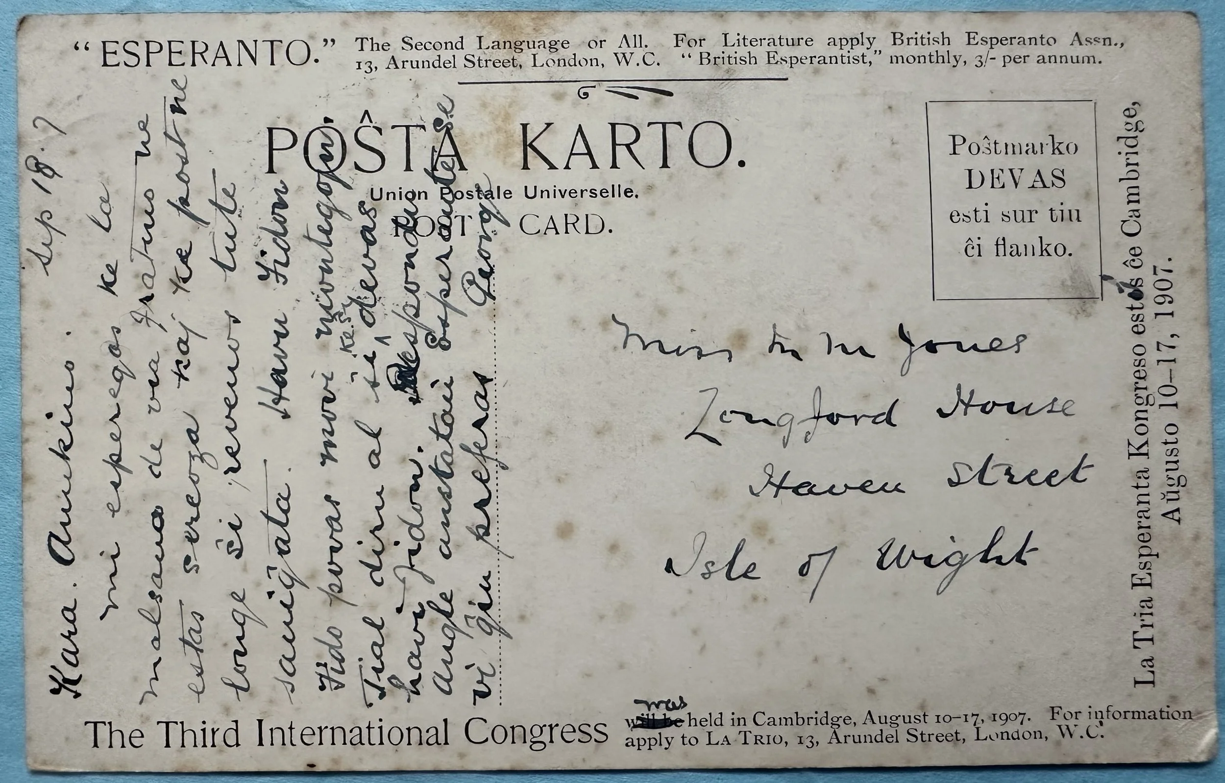 Reverse Old Postcard from Cambridge to Isle of Wight c.1907