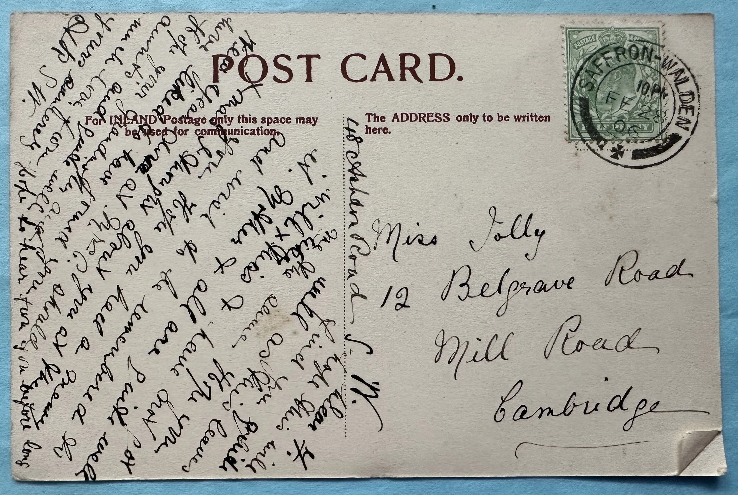 Reverse of The Saloon Audley End - old postcard 1906