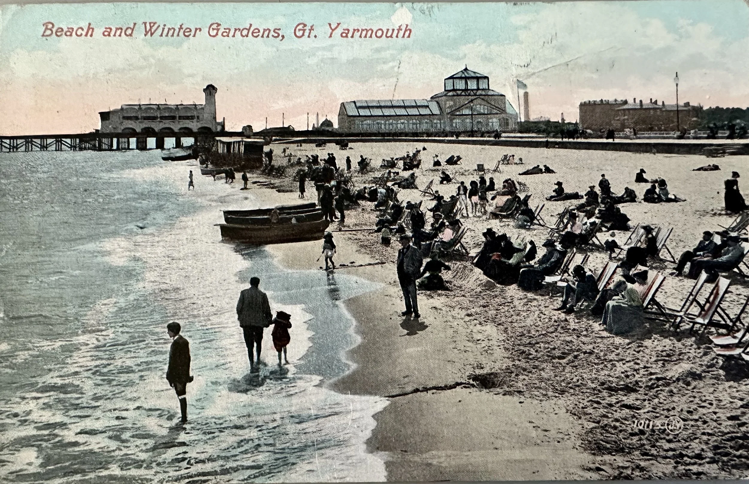 Beach and Winter Gardens Great Yarmouth - old postcard sent to Belgrave Road Cambridge 1909