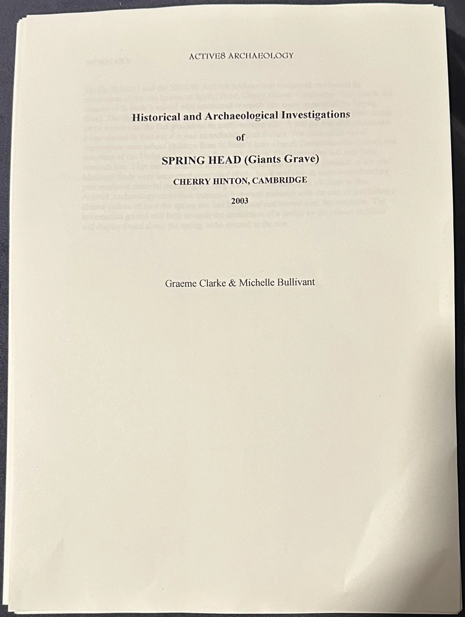 Historical and Archaeological Investigations of Spring Head Report 2003