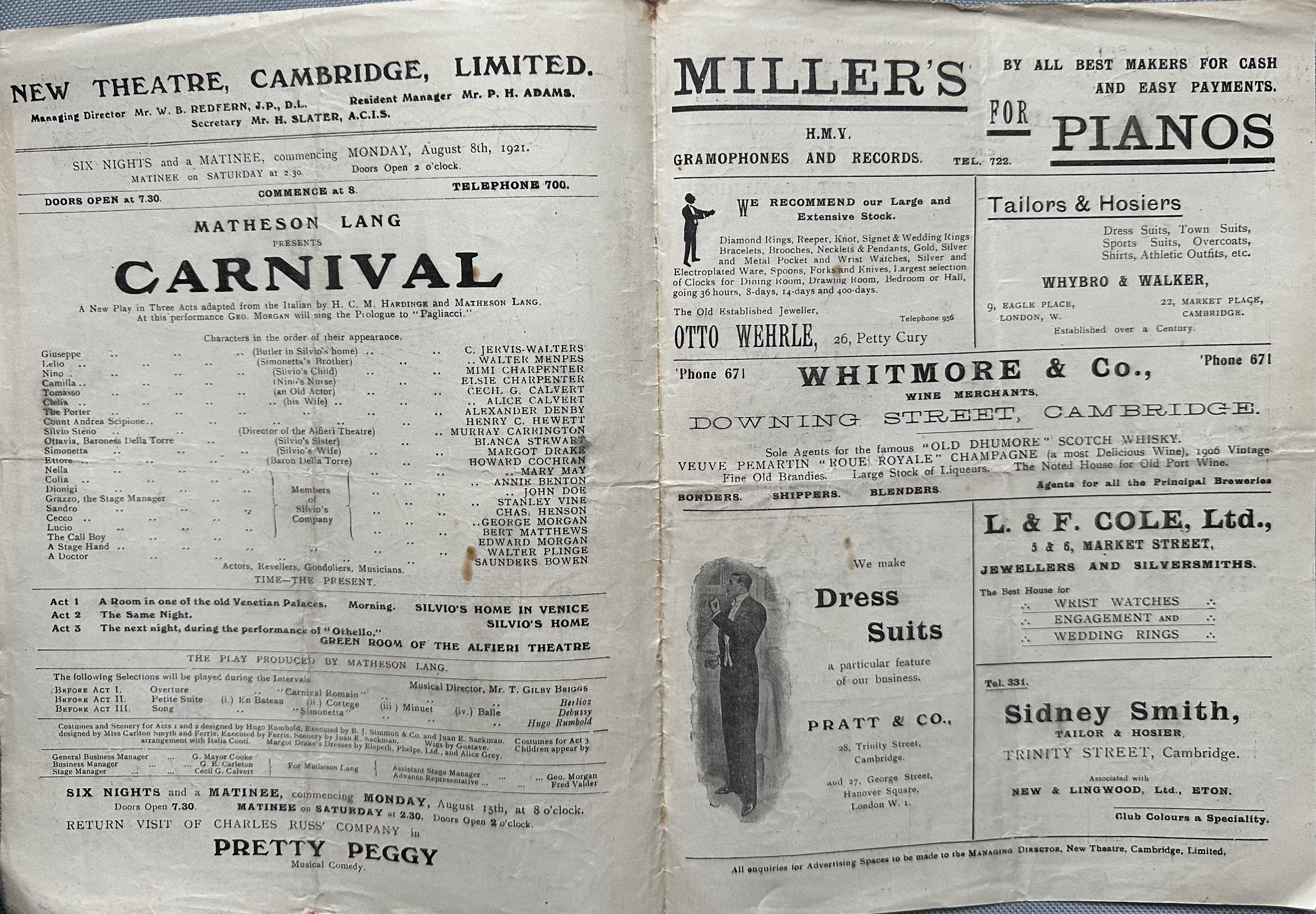 New Theatre Cambridge Programme Flyer August 1921 - centre pages
