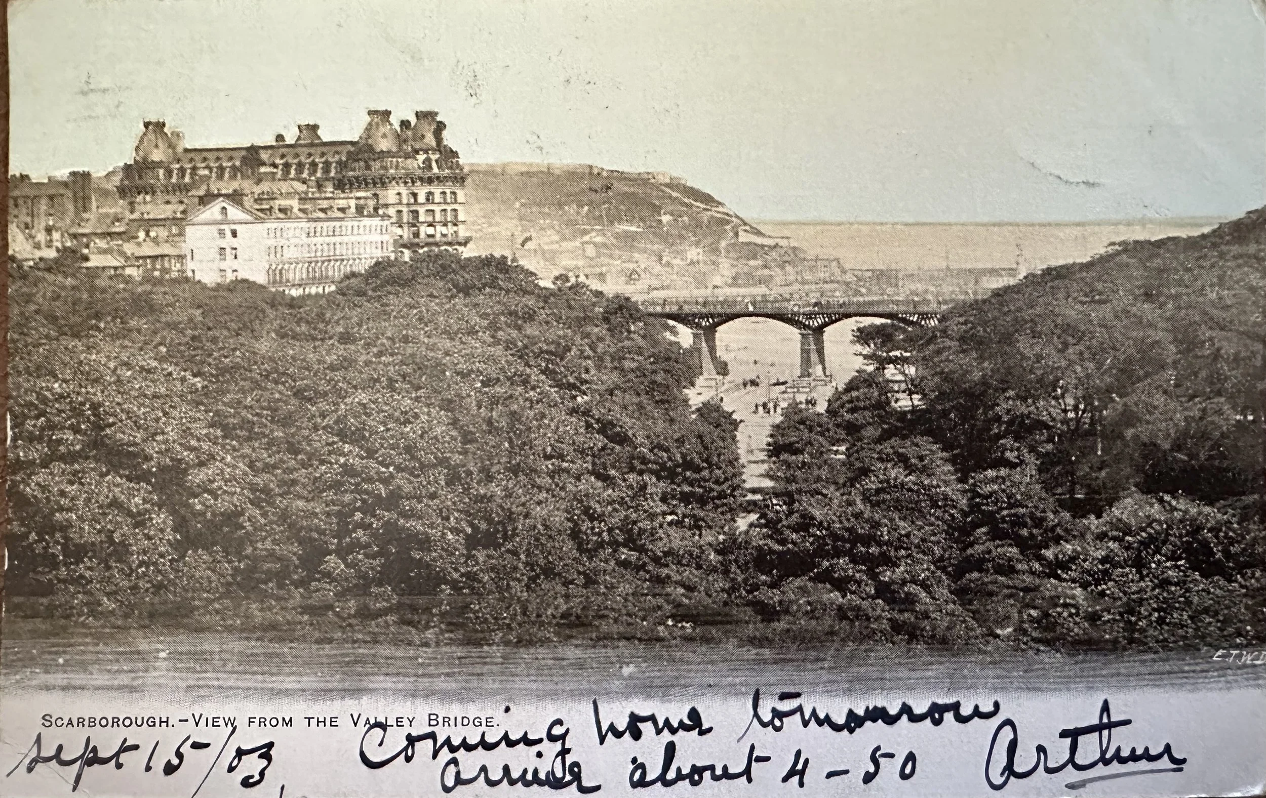 Scarborough - View from the Valley Bridge - old postcard sent to Cambridge 1903