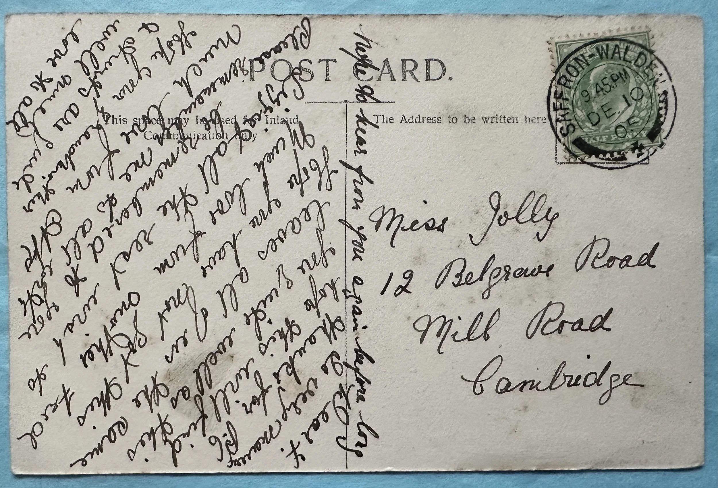 Reverse side - Dutch Gardens Saffron Walden - old postcard sent to Belgrave Road Cambridge c.1905
