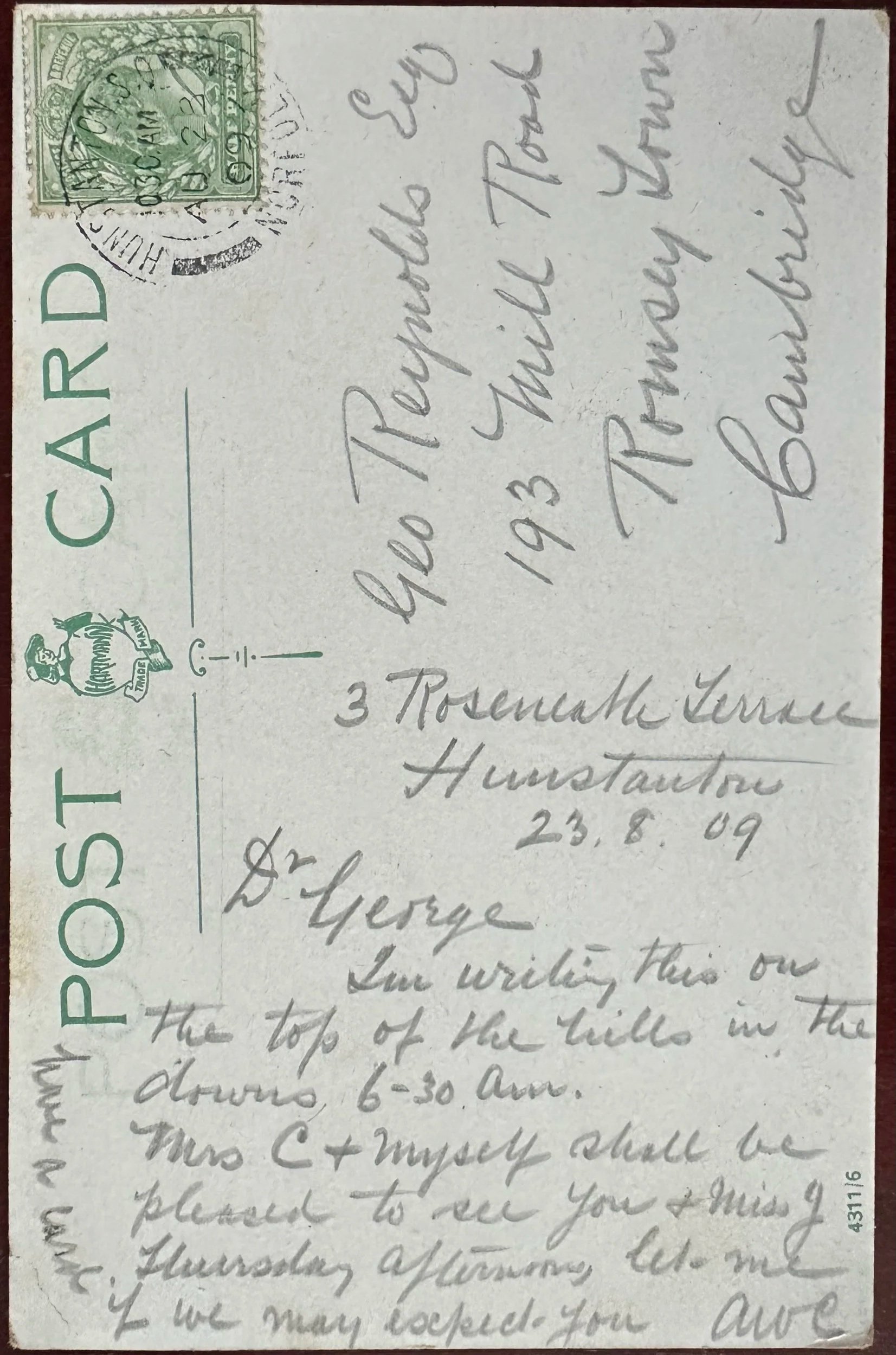 Back of Old Postcard from Hunstanton to Cambridge 1923