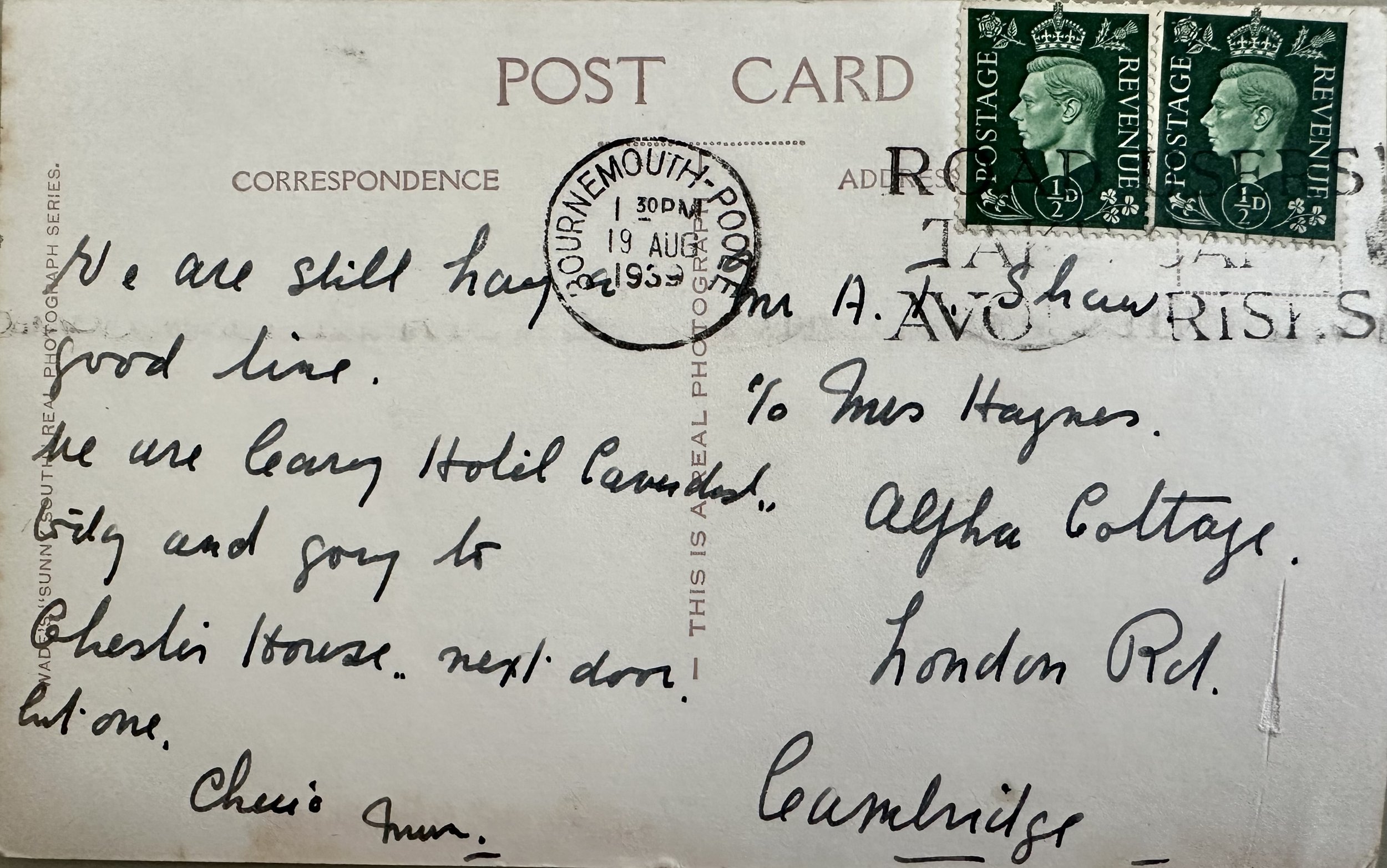 Back of The Blue Pool Dorset Old Postcard to Cambridge 1939