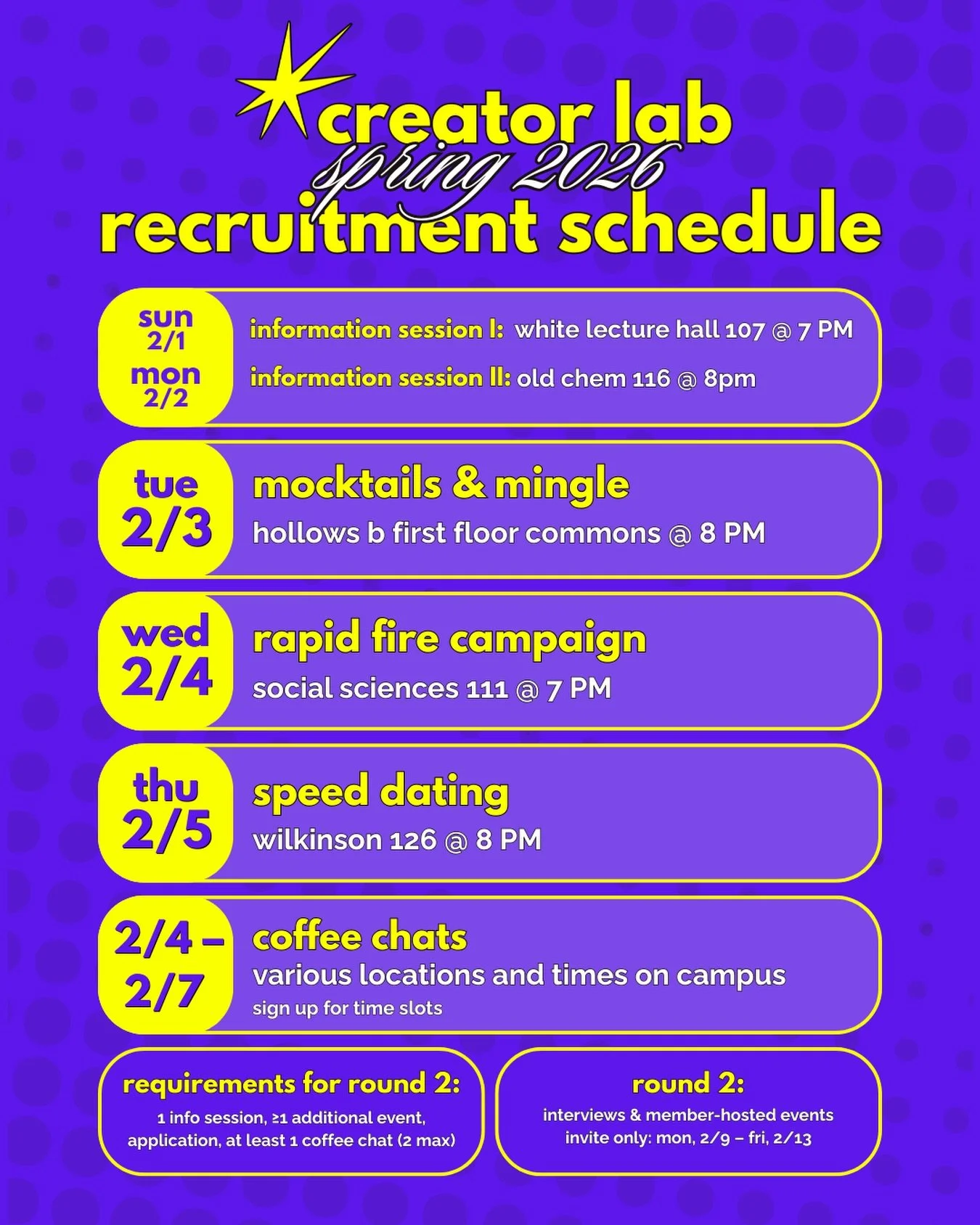 Welcome to Creator Lab Spring 2026 Recruitment! We can&rsquo;t wait to meet you all. 💥 

To be considered for Round 2, you must attend one info session, one event (Mocktails, Rapid Fire Campaign, Speed Dating), one coffee chat, and fill out the appl