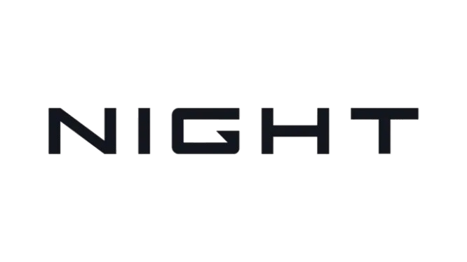 Text that reads 'NIGHT' in a 3D style with black and white coloring.