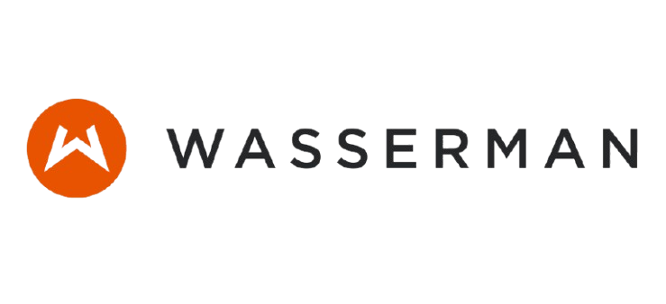 Wasserman logo with a stylized orange circle and a white and orange 'W' symbol inside it