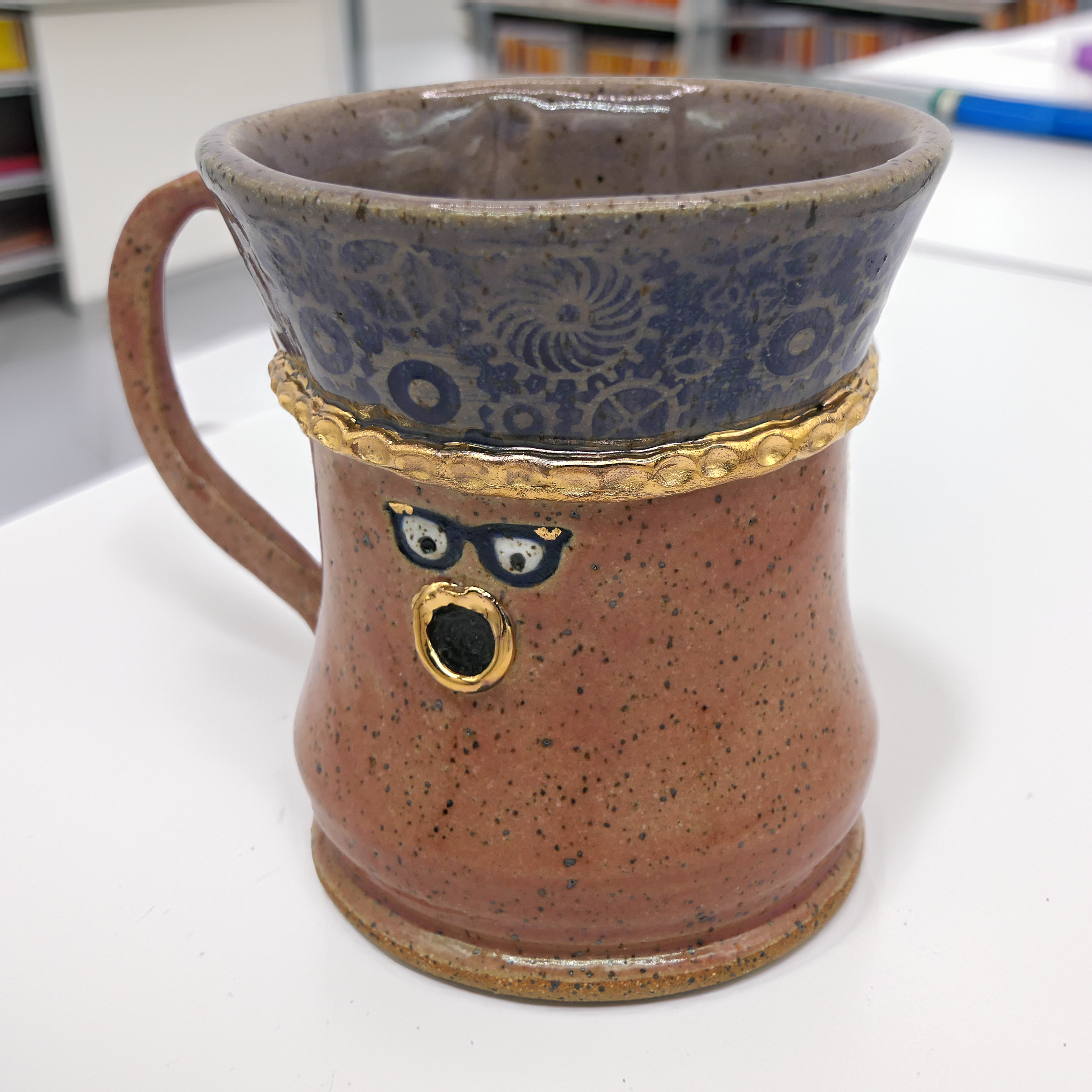 "Gears are Turning" - Whimsical Face Mug – Mulberry Gear Texture, Gold Accents & Surprised Expression