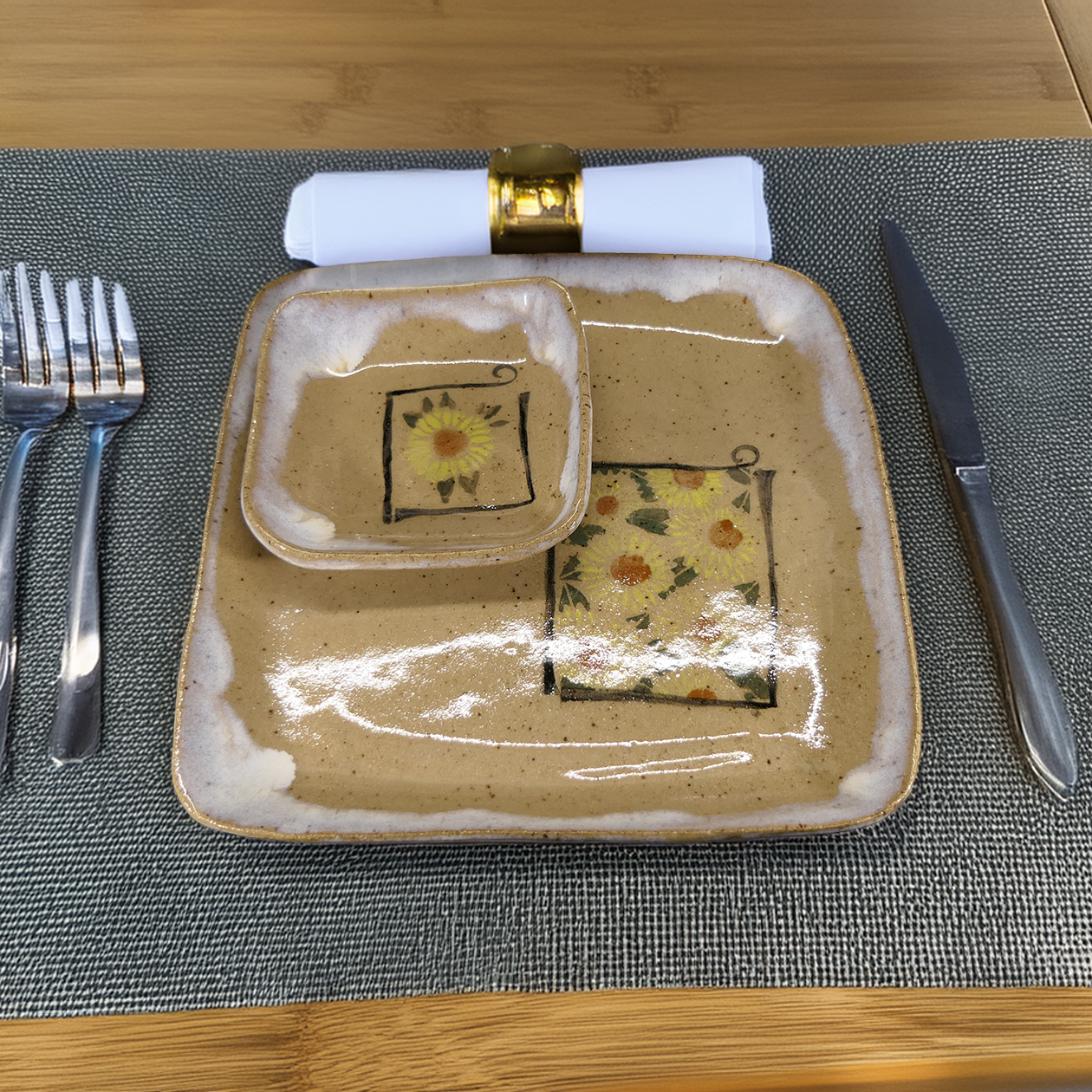 Sunflower plate and bowl on table.png