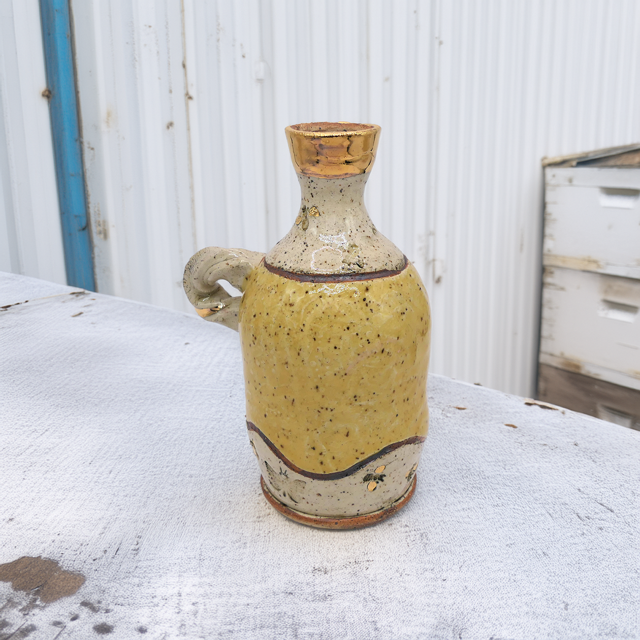 Handmade Speckled Bee Jug with Gold Rim – Whimsical & Functional Stoneware