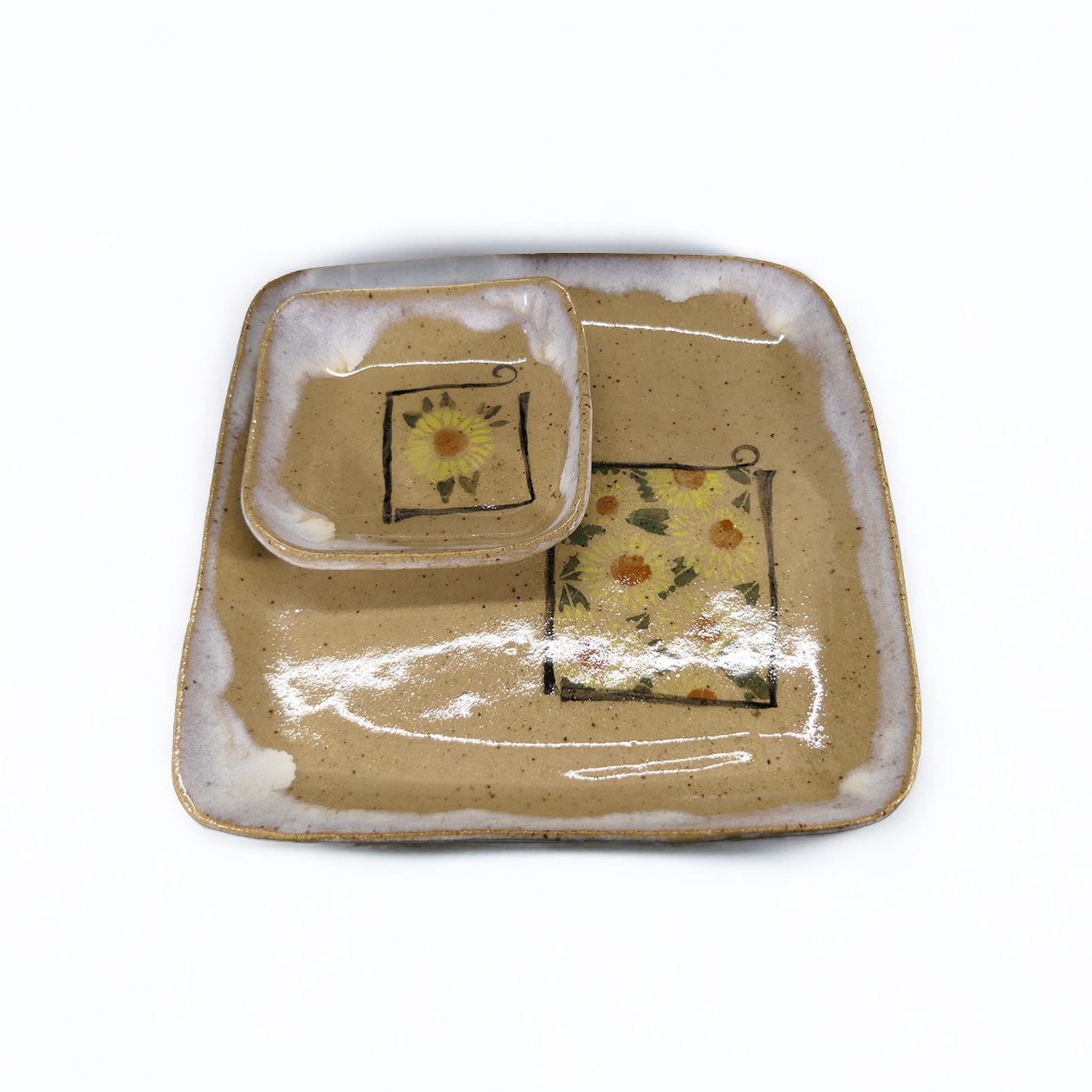 Sunflower plate and bowl on table white background.png