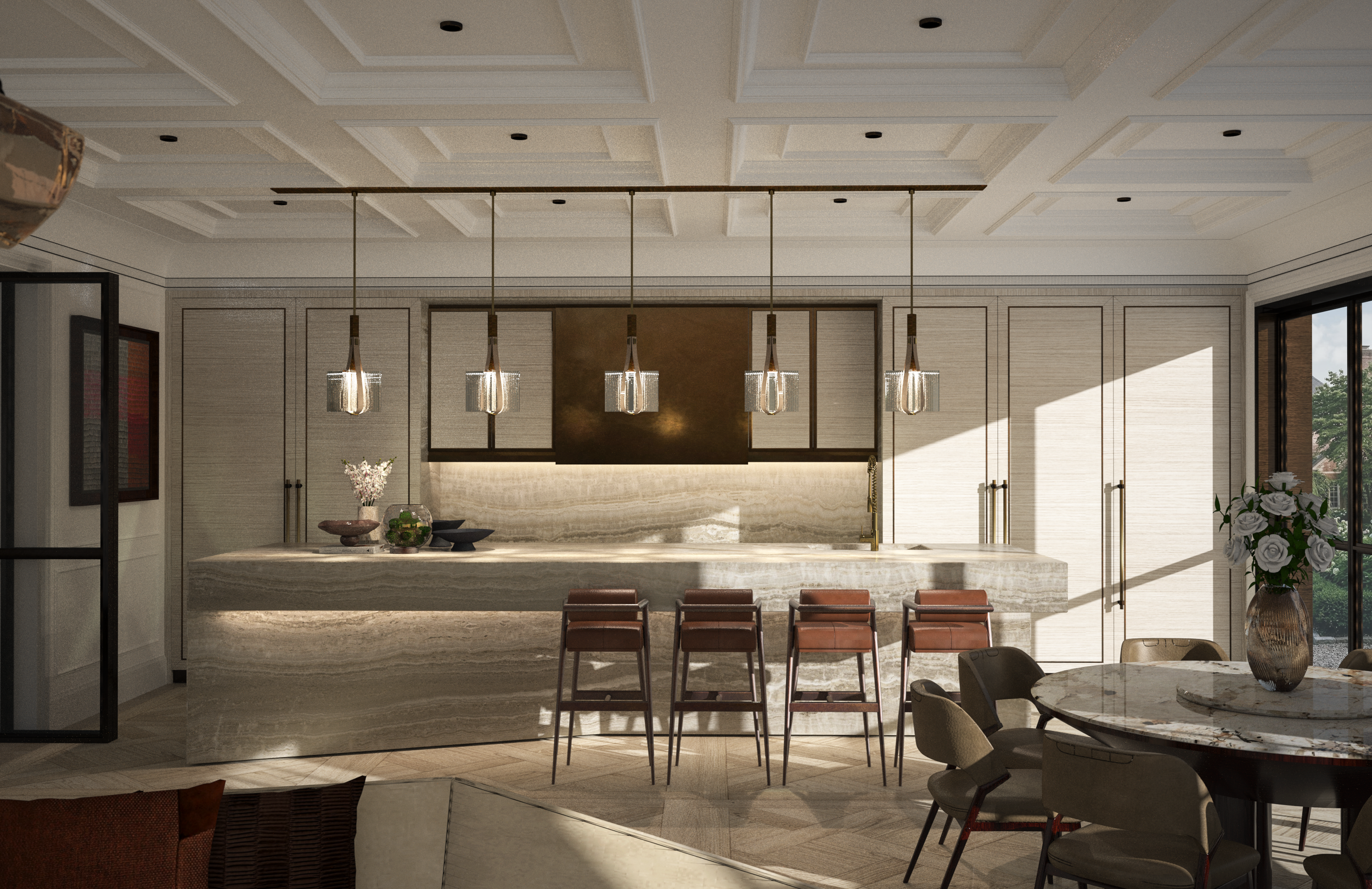 Modern kitchen with marble island, wooden cabinets, and contemporary lighting.
