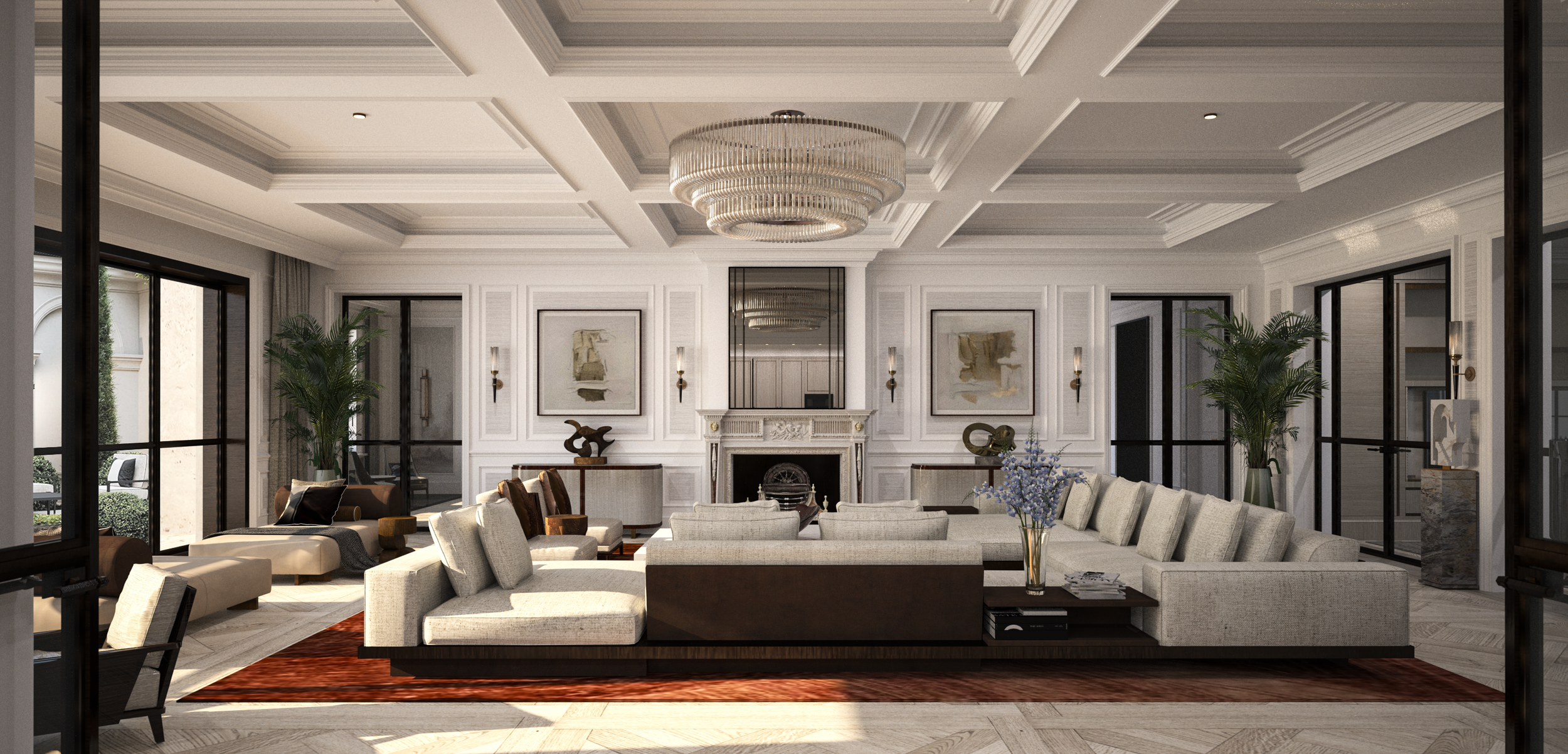 A spacious, elegant living room with a large beige sectional sofa facing a fireplace, flanked by abstract art and decorative items, with a modern chandelier overhead, and tall potted plants near large windows.