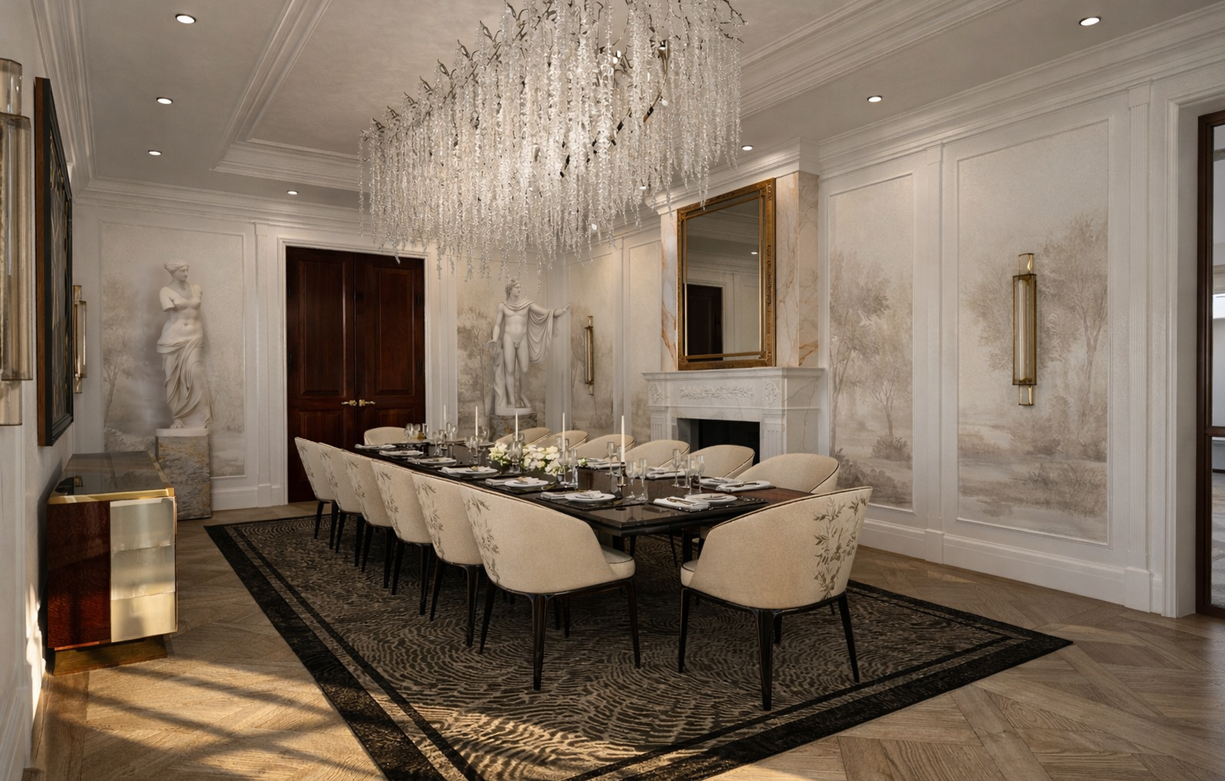 Elegant dining room with a long table set for a formal dinner, surrounded by cream upholstered chairs with floral patterns, a crystal chandelier hanging from the ceiling, and a fireplace with a large framed mirror above it, beige and gold decor, and paintings on the walls.
