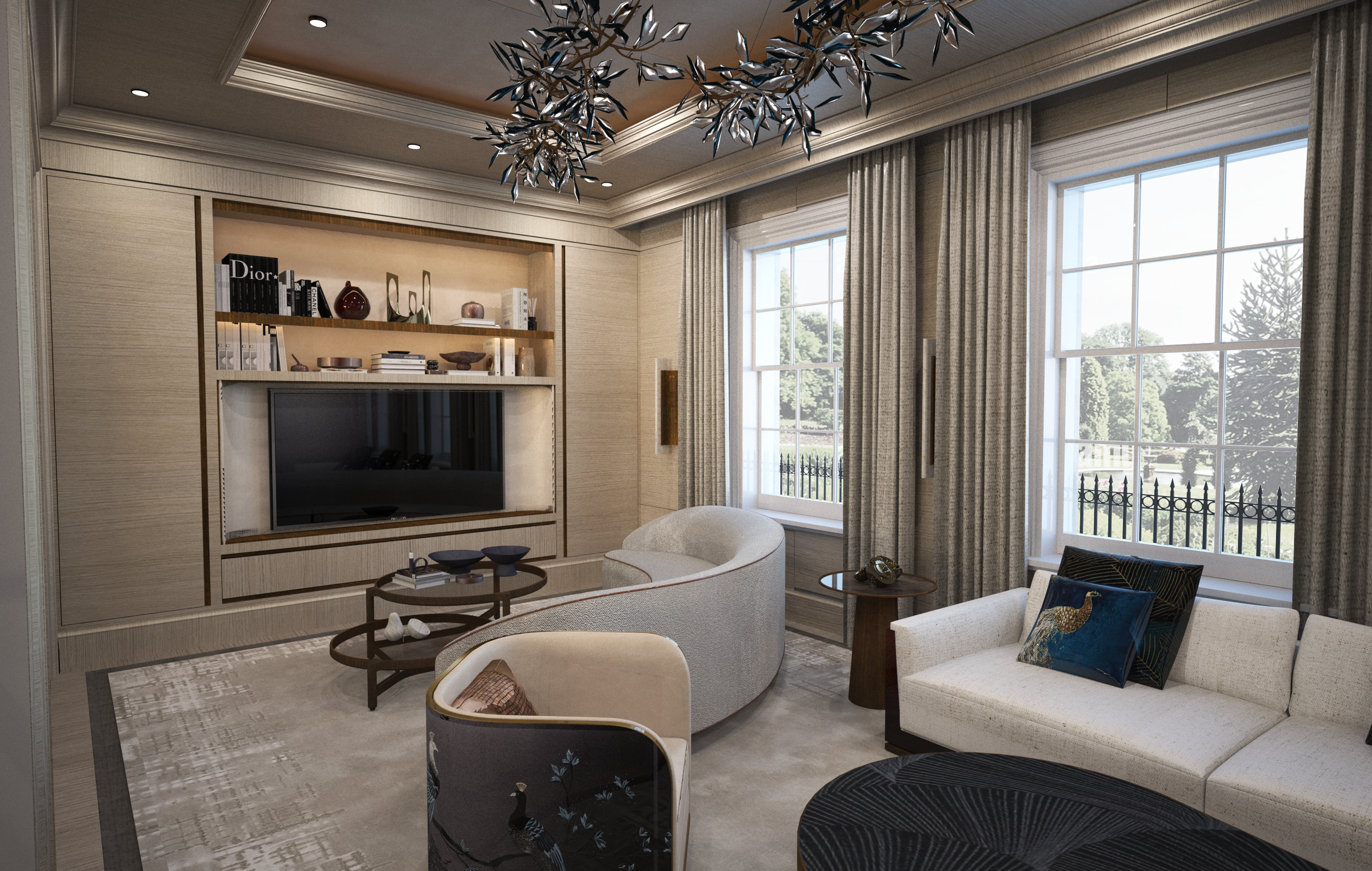 Elegant living room with beige walls, large windows with curtains, a flat-screen TV on a custom wooden wall unit, a gray curved armchair, a white sofa with decorative pillows, a wooden coffee table, and a modern chandelier.