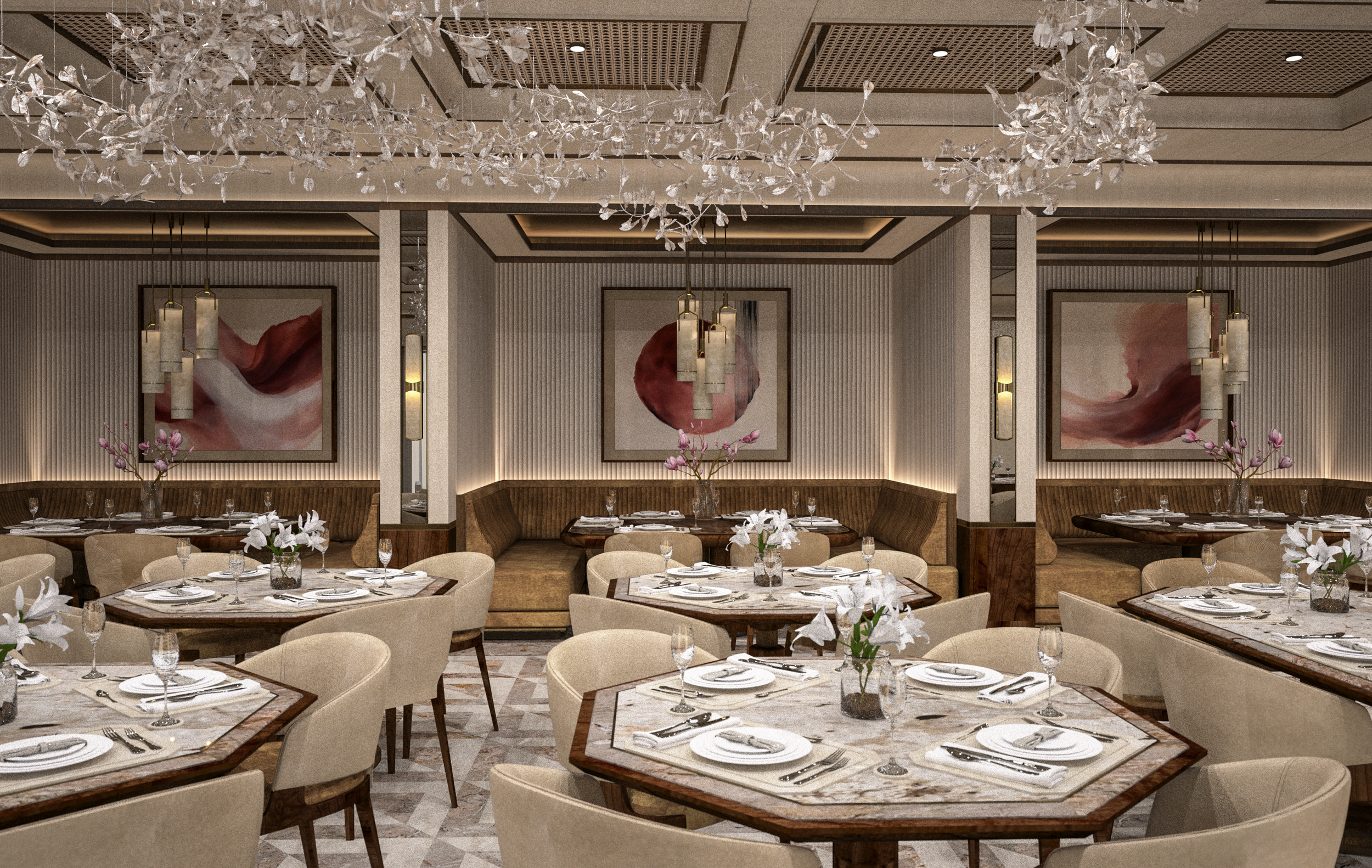 Modern bathroom with white marble vanity and large mirror, natural light from window, decorative wall sconces, and a sitting area