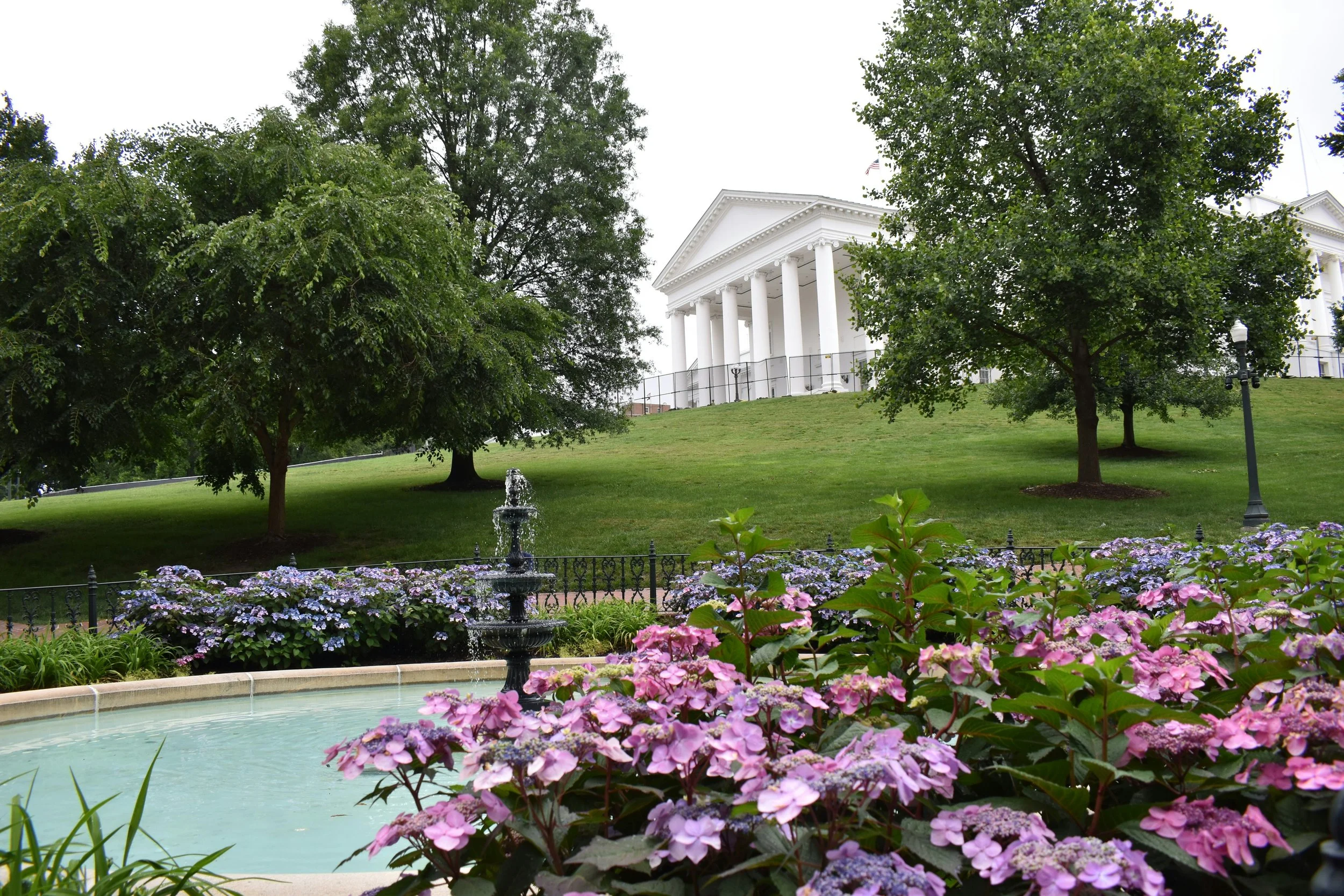 Historic building with white columns, surrounded by a garden with a fountain and purple flowers, and green trees on a grassy hill.
