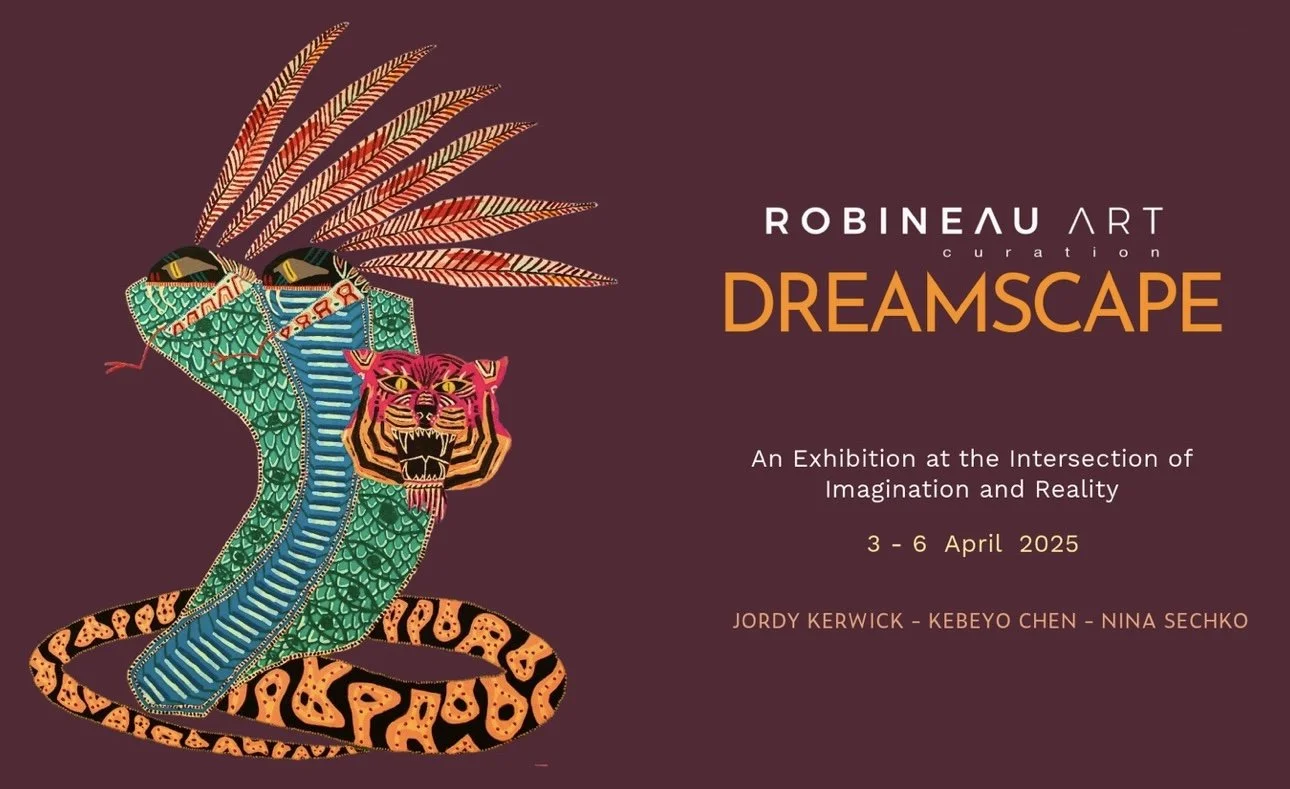 A colorful illustration of a snake with a tiger's head and a large feathered headdress on a maroon background, promoting the Dreamscape art exhibition from April 3-6, 2025.