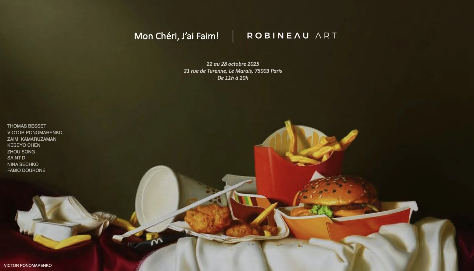 Fast food items including fries, a burger, and fried chicken on a table, with event details and artist names on top.