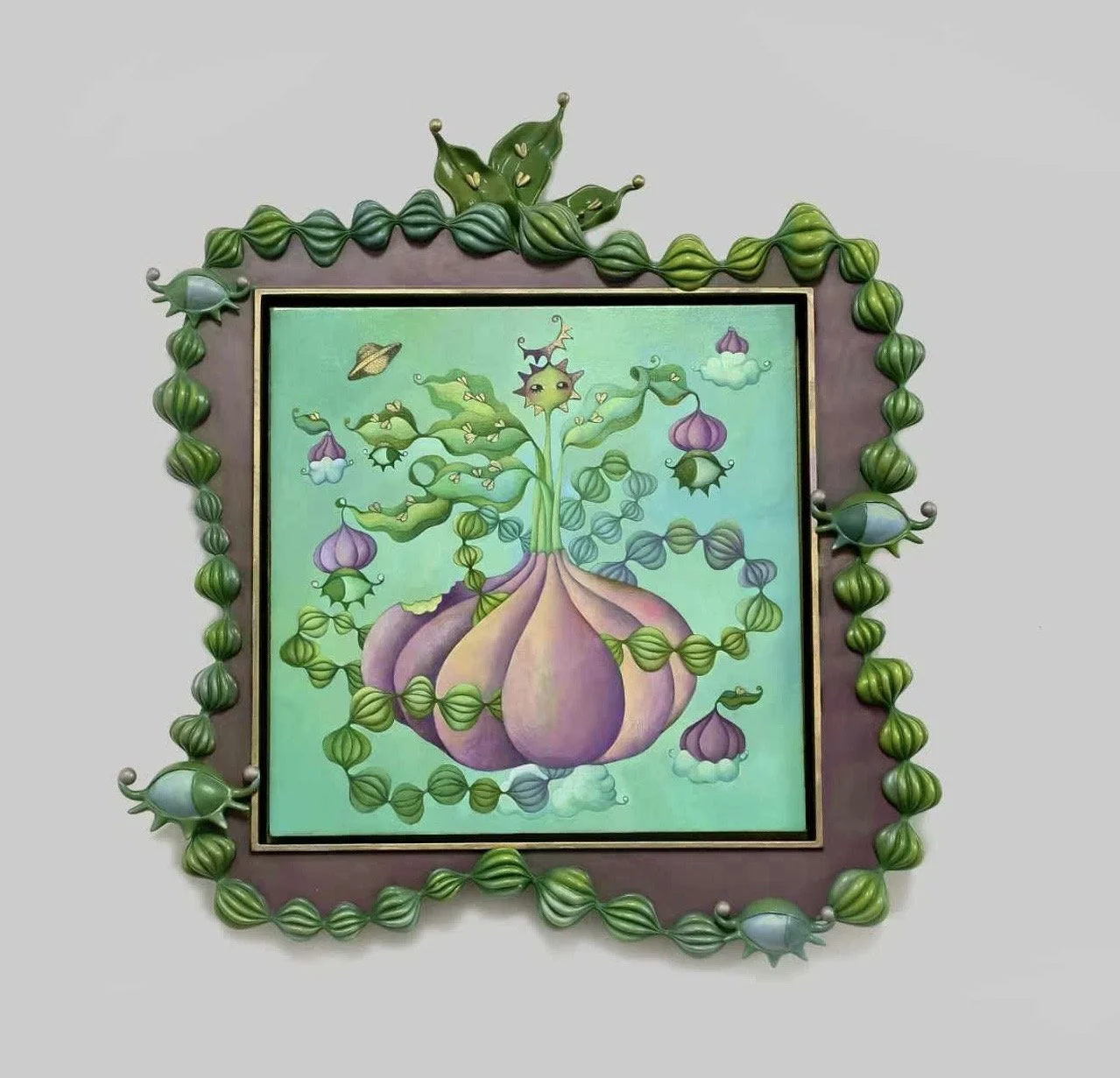 A colorful painting depicting a fantasy plant with large bulbous roots and green leafy branches, surrounded by floating clouds and small flying creatures with antennae, all framed with a 3D decorative border of green vines and bugs.