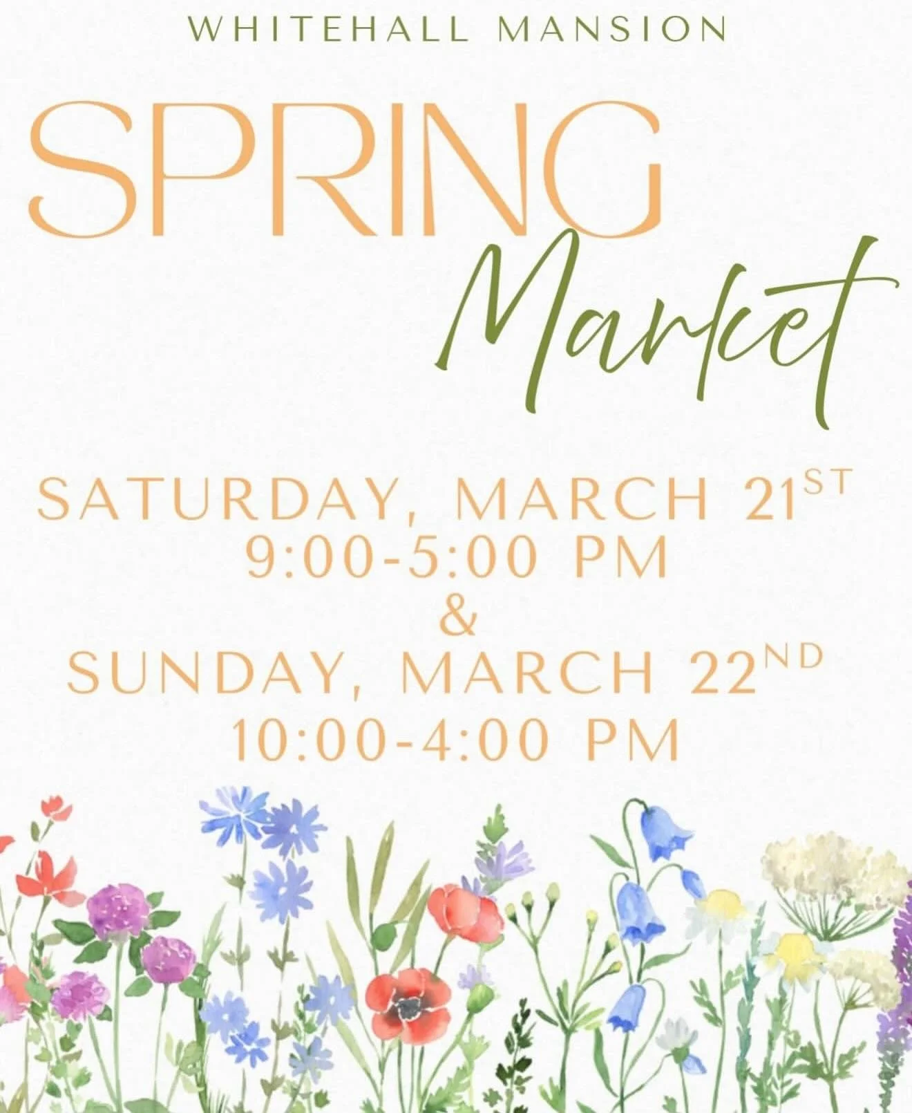 🌸 Spring Market Reminder! 🌸
Mark your calendars! Join us March 21st &amp; 22nd at Whitehall Mansion for our Spring Market. Come enjoy a weekend filled with shopping, delicious food, and unique handmade gifts from amazing local vendors.

🛍️ Please 