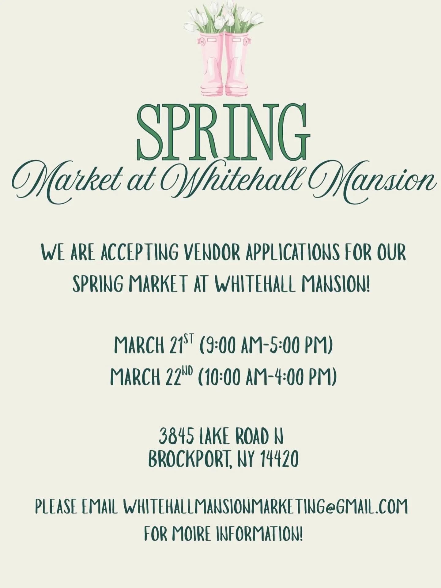 Interested in becoming a vendor for our Spring market or know of someone who may be a great fit? 

Please email whitehallmansionmarketing@gmail.com and we will happily send over more information! 

Thank you and we hope to see you there!🌷🌸
