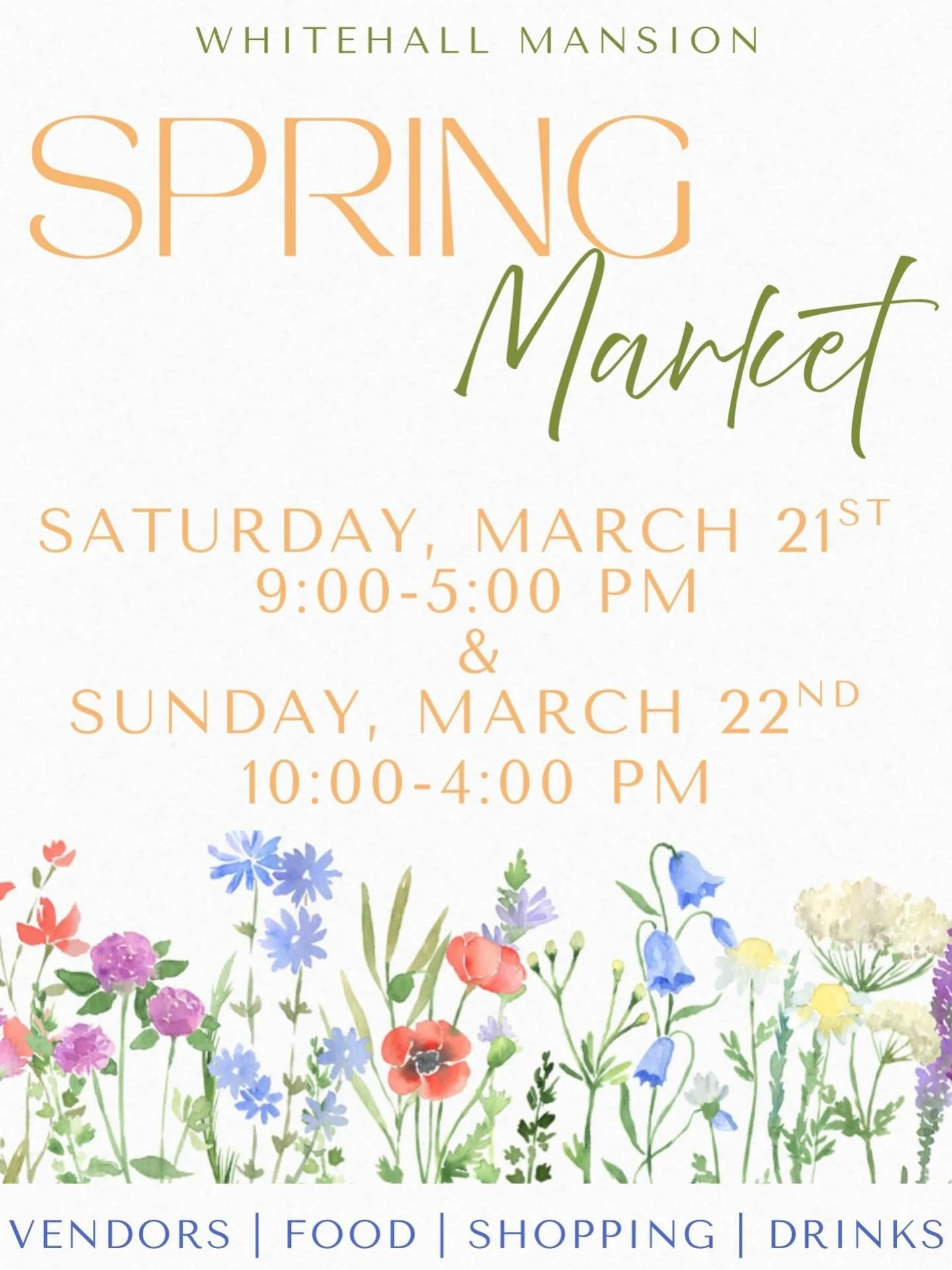 It may be 20 degrees outside but we're getting ready for Spring at Whitehall Mansion. 🌸 Please join us on March 21st and 22nd for our Spring Market featuring local vendors, handmade crafts, sweet treats, and so much more! 

Free admission🌷 

#white