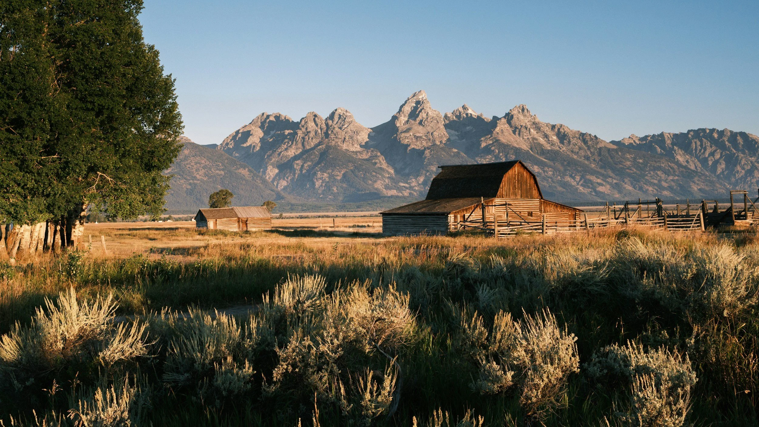 A rural landscape with wooden barns, tall grass, and trees in front of mountain peaks under a clear blue sky.