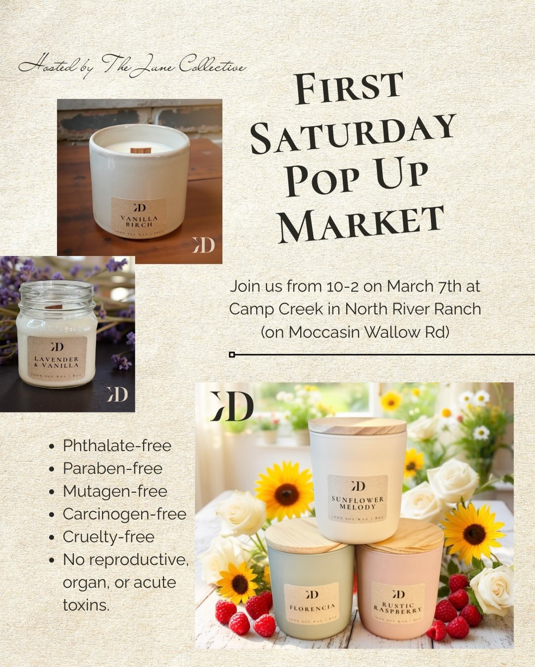 Join us at the First Saturday Pop Up Market on 03/07, 10 AM&ndash;2 PM at Camp Creek, North River Ranch (Moccasin Wallow Rd). 

Stop by the Kindle &amp; Drift booth to smell our hand-poured candles made with 100% organic soy wax sourced from Midwest 