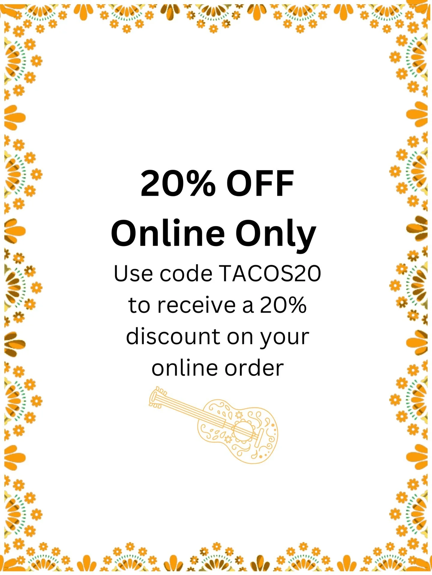 LIMITED TIME ONLY!! 20% off your online order if you order directly from our website just copy and paste the link!! https://online.skytab.com/c88fcc83dea8c3aa925cfc54d513cd0a 
Good food tastes better with a discount!🌮