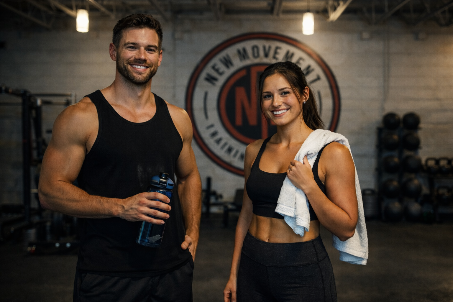 A man and woman smiling at the camera inside a gym. The man is holding a water bottle, and the woman has a towel draped over her shoulder. They are dressed in workout clothes, with a large gym logo on the wall behind them.