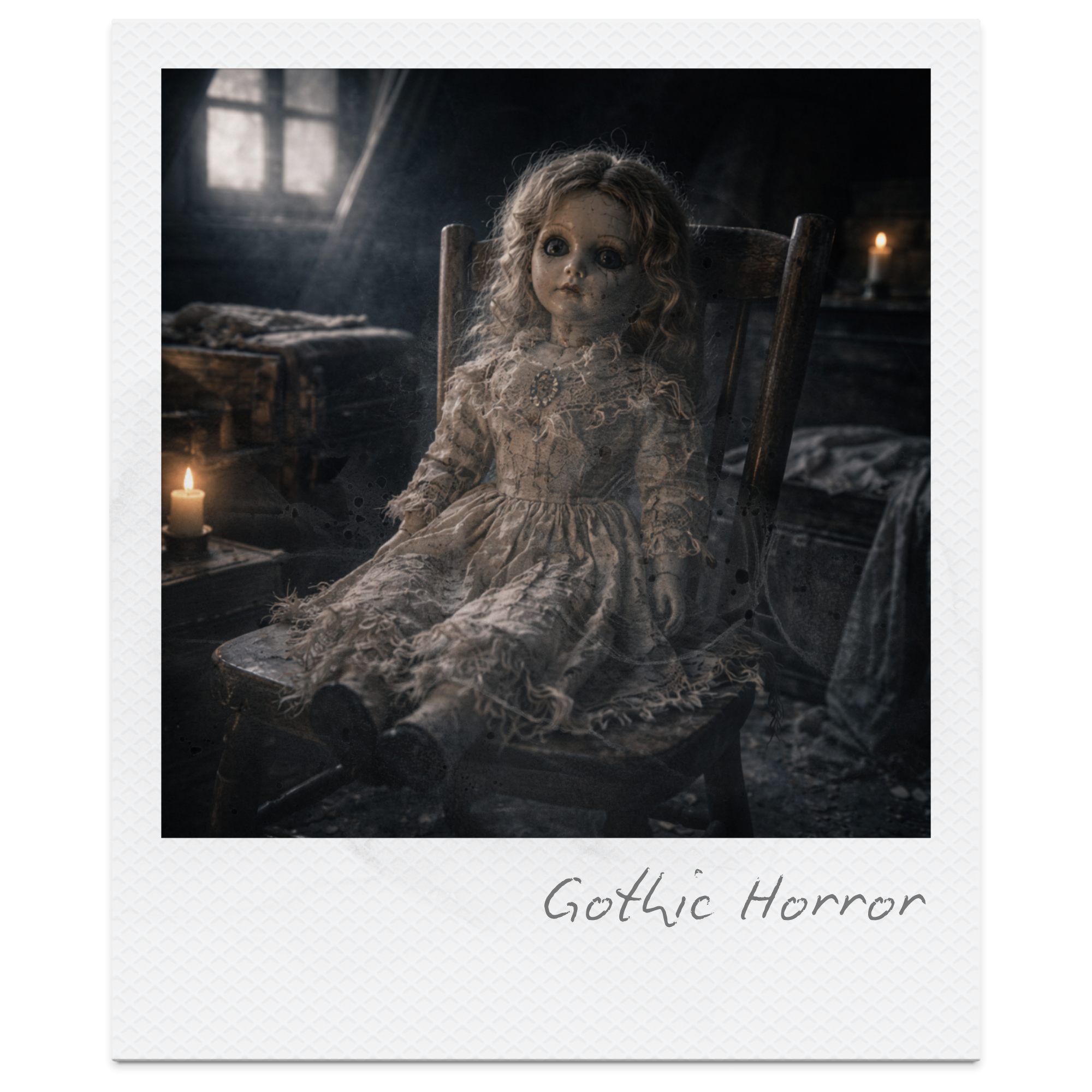 A creepy antique doll with dirty, worn lace dress sitting in a wooden chair in a dark, abandoned room with candles.