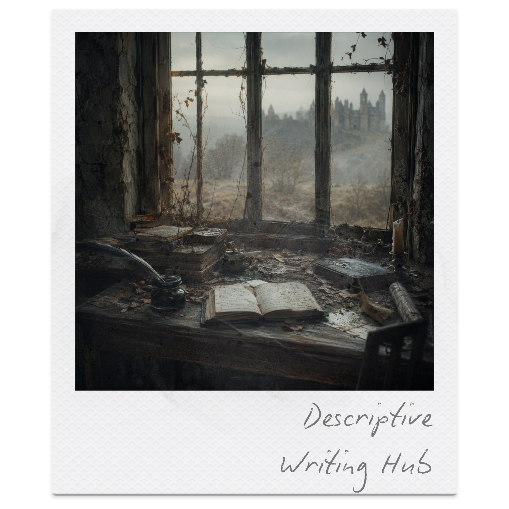 A view from a dirty, broken window with vines and debris inside, overlooking a castle-like structure on a hill in the distance.