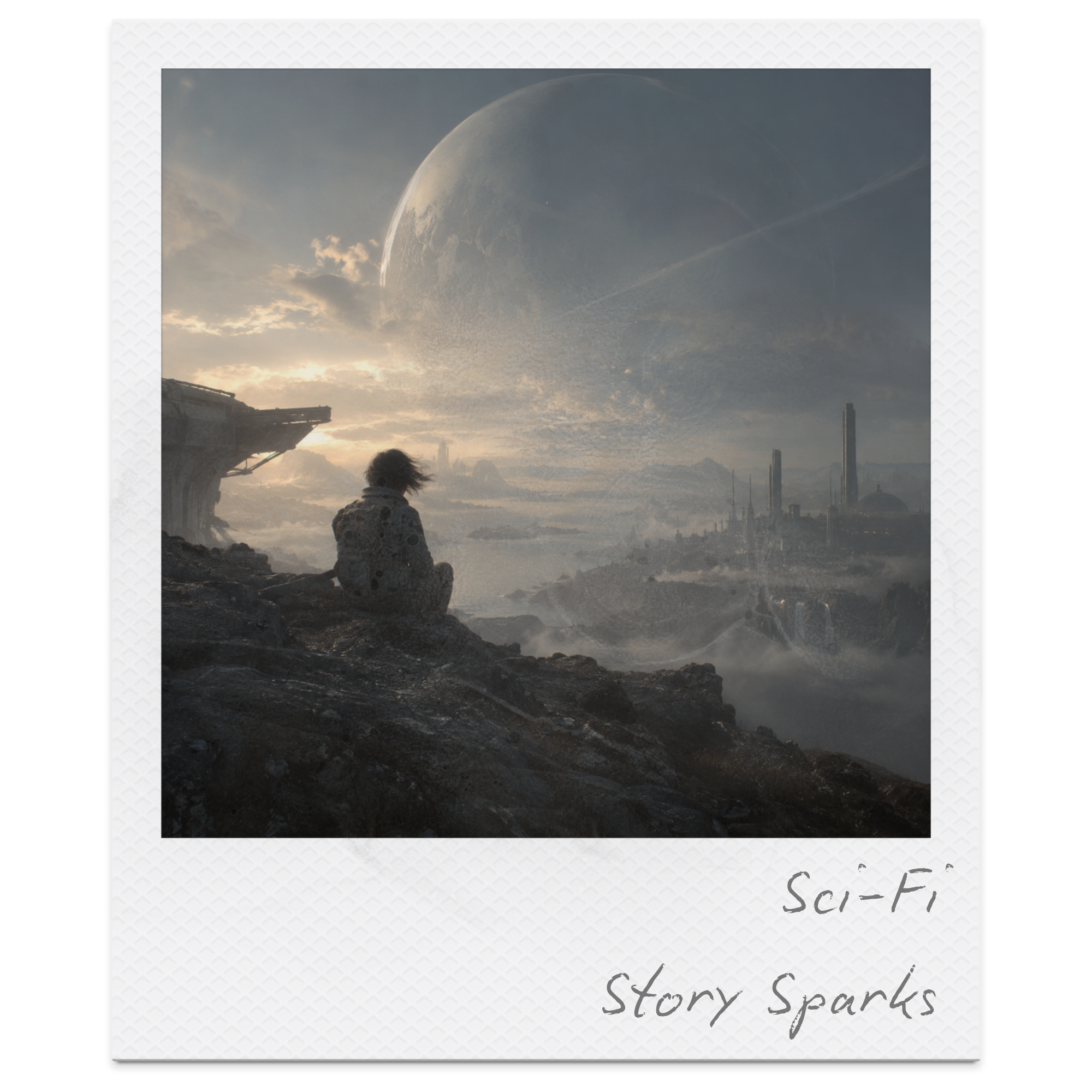 Polaroid-style photo of a futuristic cityscape with a large hovering spaceship, a person with long hair sitting on rocks, advanced skyscrapers, and a large spherical object in the sky during sunset.