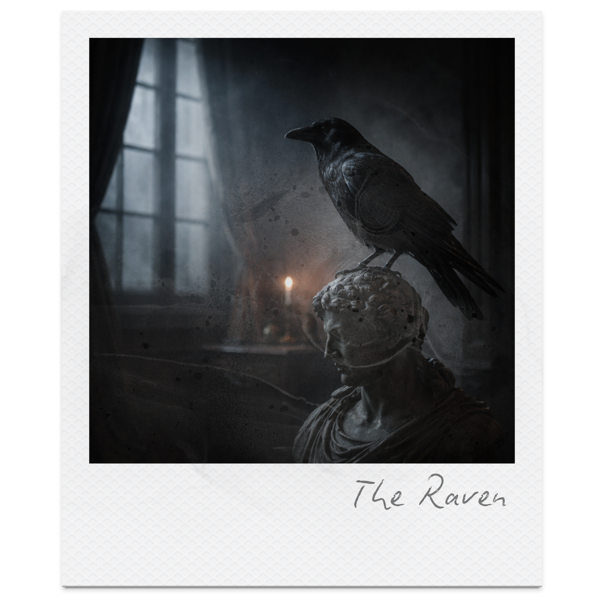 A black raven perched on a classical bust sculpture in a dark, moody room with a window and curtains in the background.
