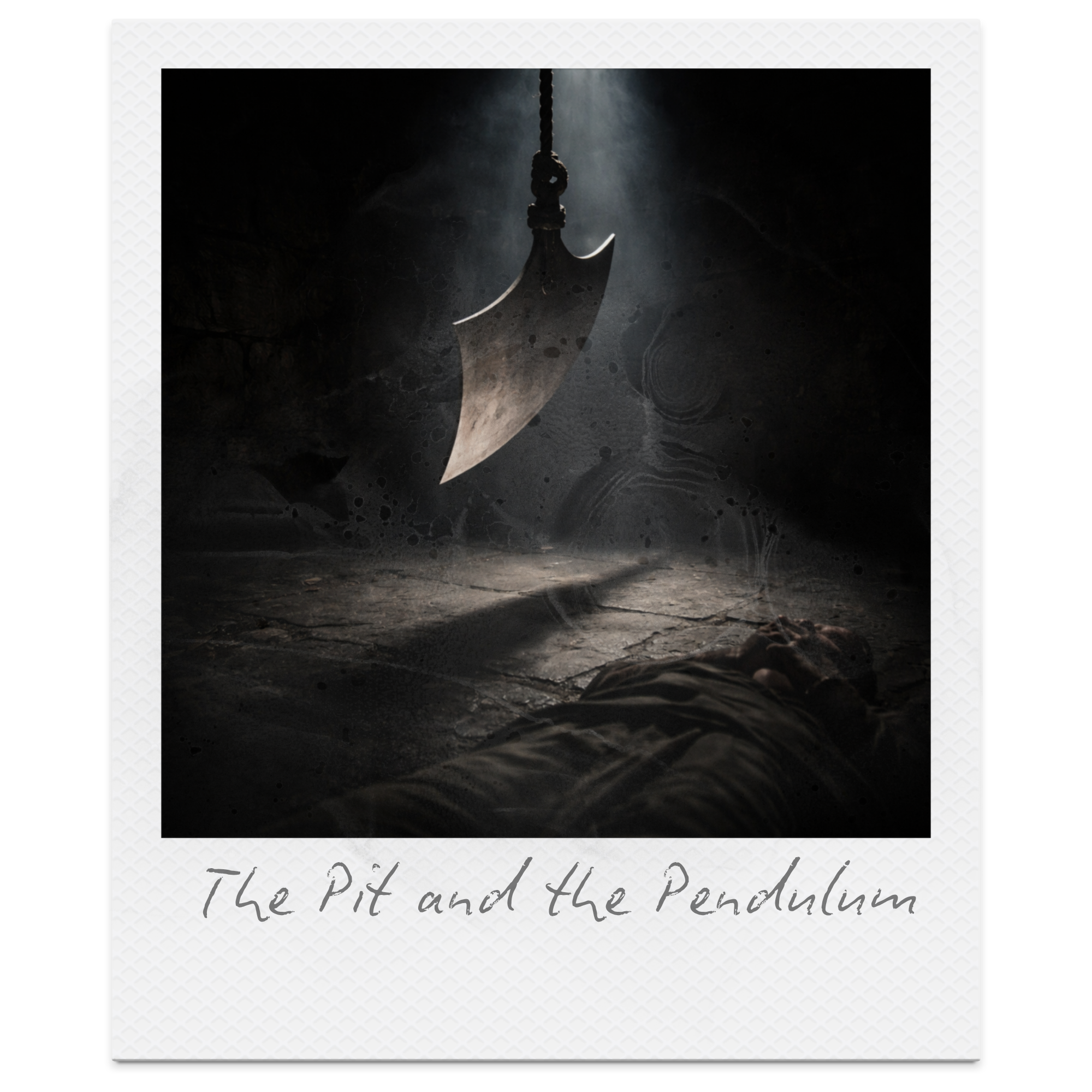 A large axe hanging from a rope in a dark, gloomy room with a person lying on the ground below it.