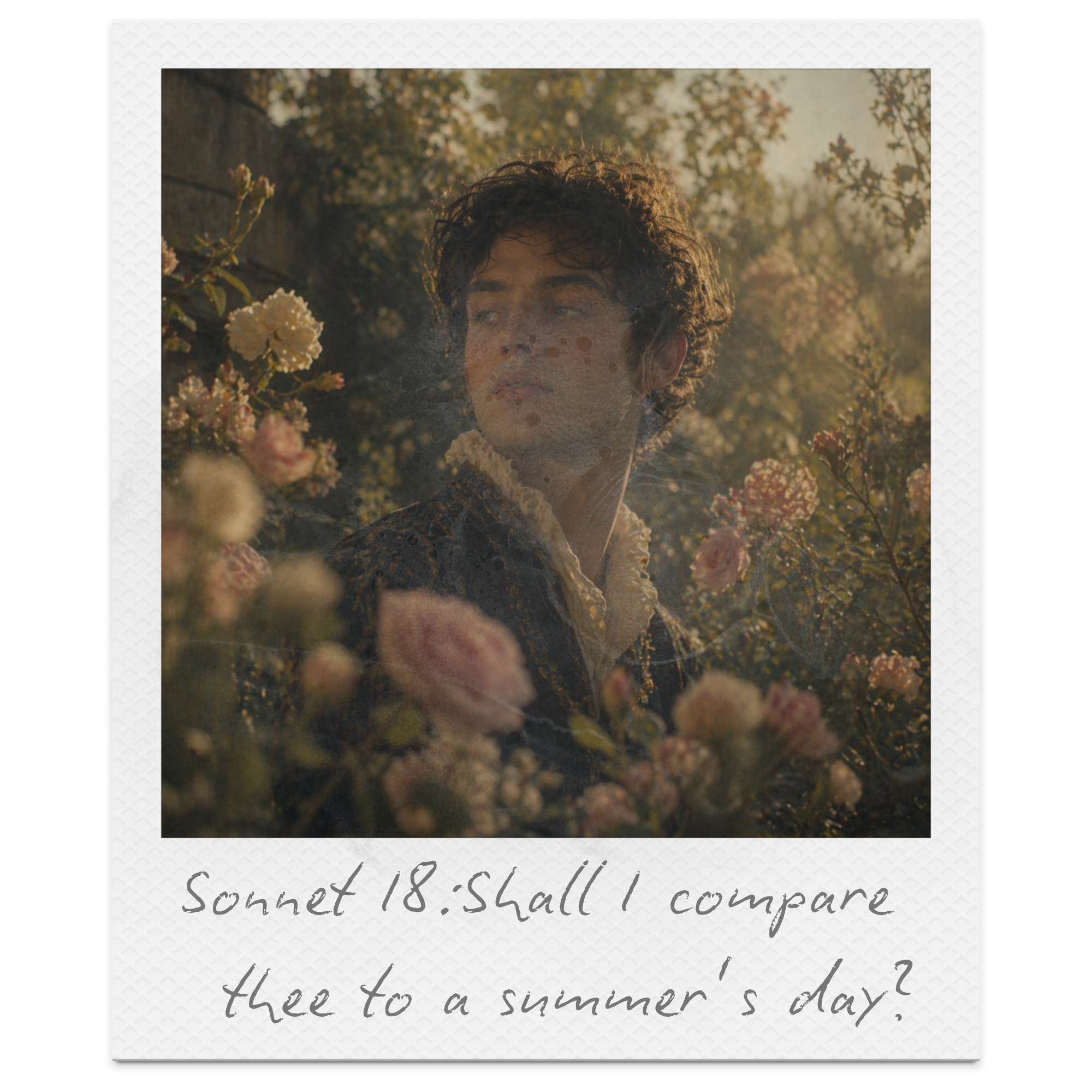 Close-up of a polaroid photo with a person in a dark dress standing among flowering bushes during sunset, with handwritten text at the bottom reading 'Sonnet 18: shall I compare...'.