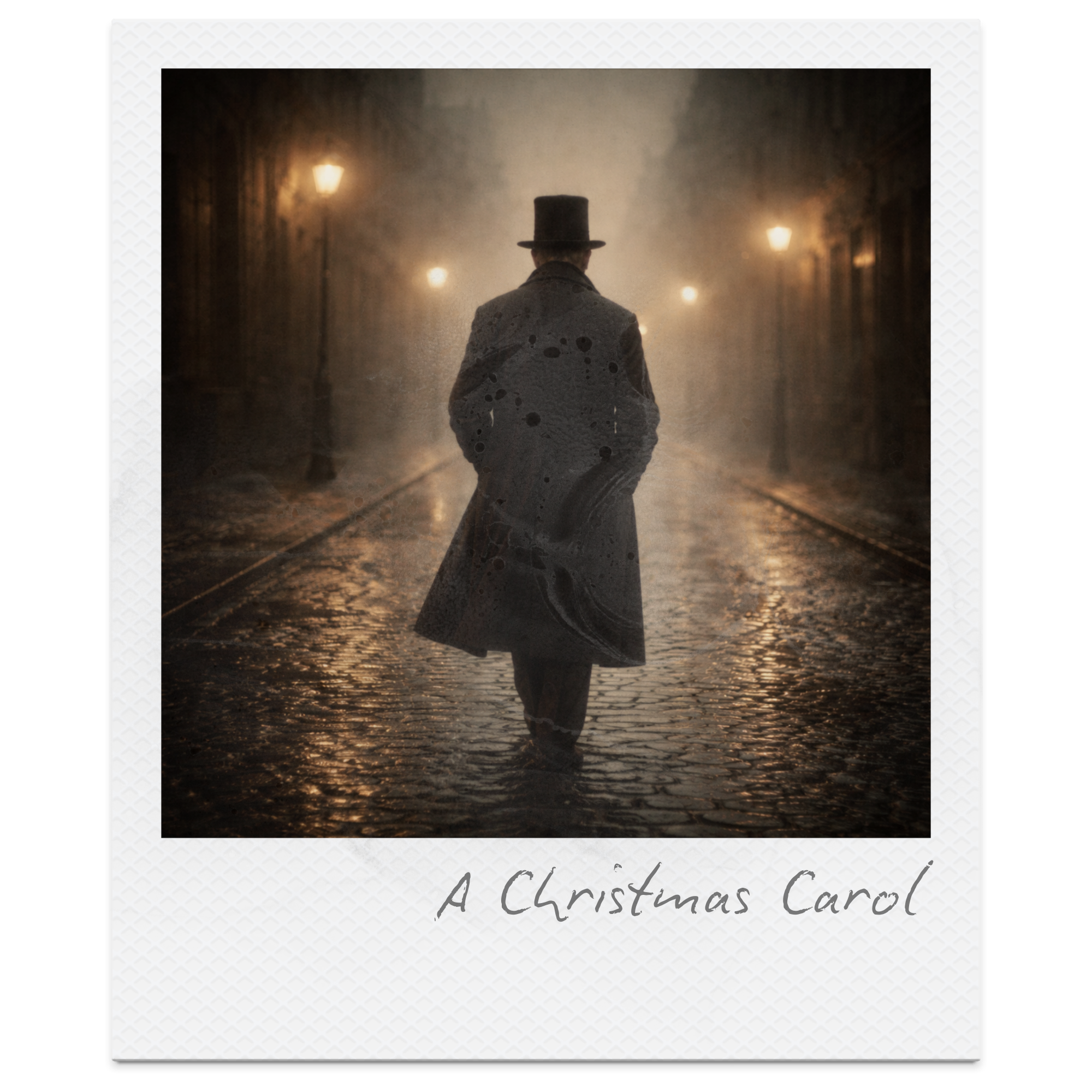 A person dressed in vintage clothing, wearing a top hat and coat, walking on a wet cobblestone street at night in a foggy setting, illuminated by streetlights, with the title "A Christmas Carol" written at the bottom.