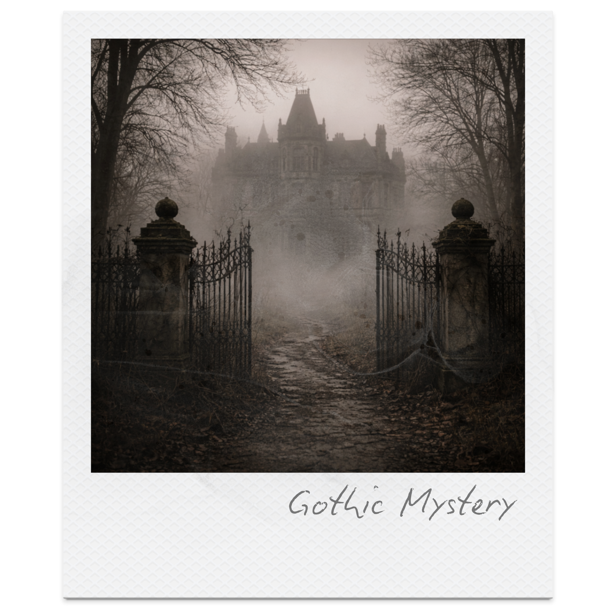 A foggy, spooky path leading to a large gothic mansion surrounded by leafless trees and an iron gate labeled "Gothic Mystery."