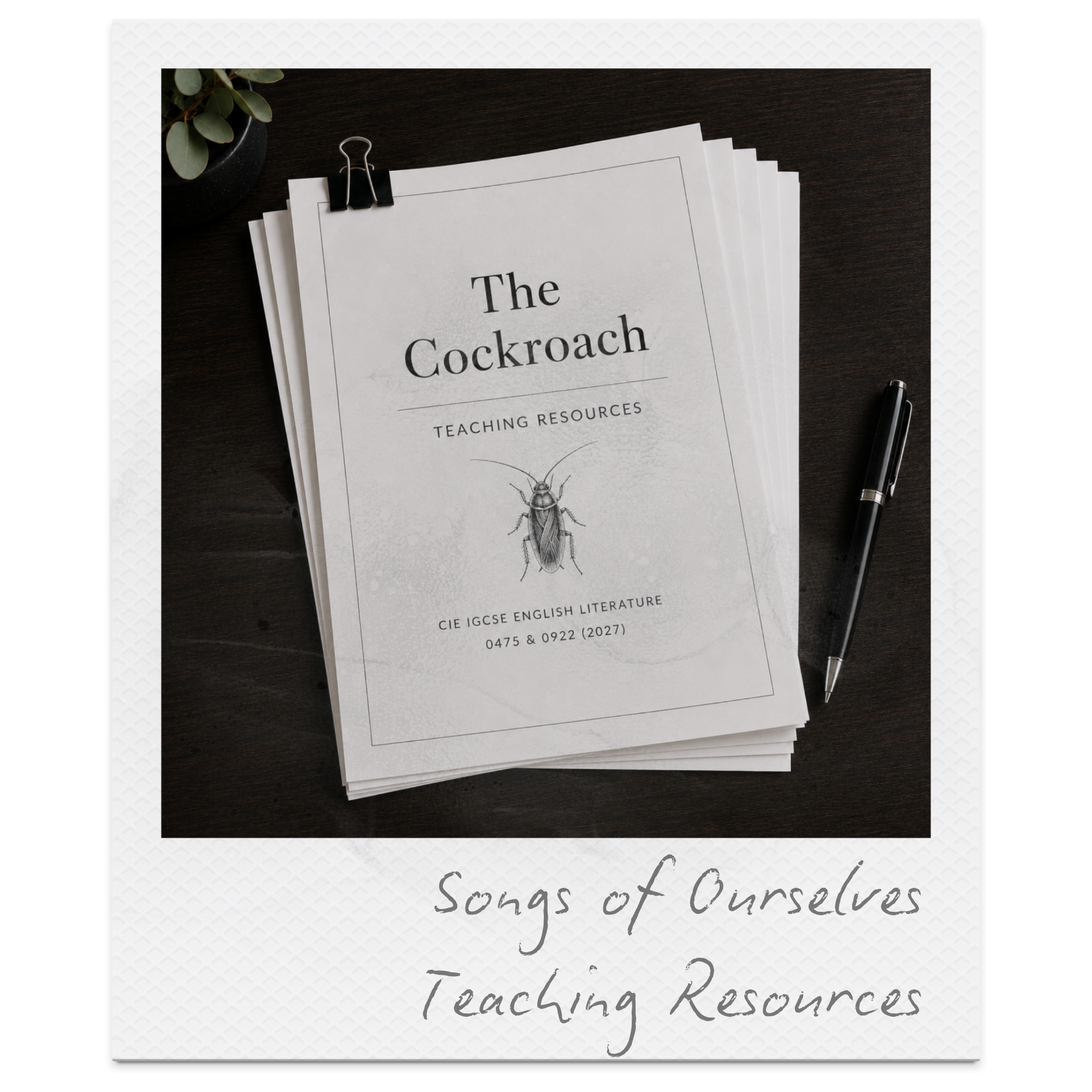 Cover page of a document titled "The Cockroach" with a black and white illustration of a cockroach, placed on a dark wooden surface next to a black pen and a potted green plant.