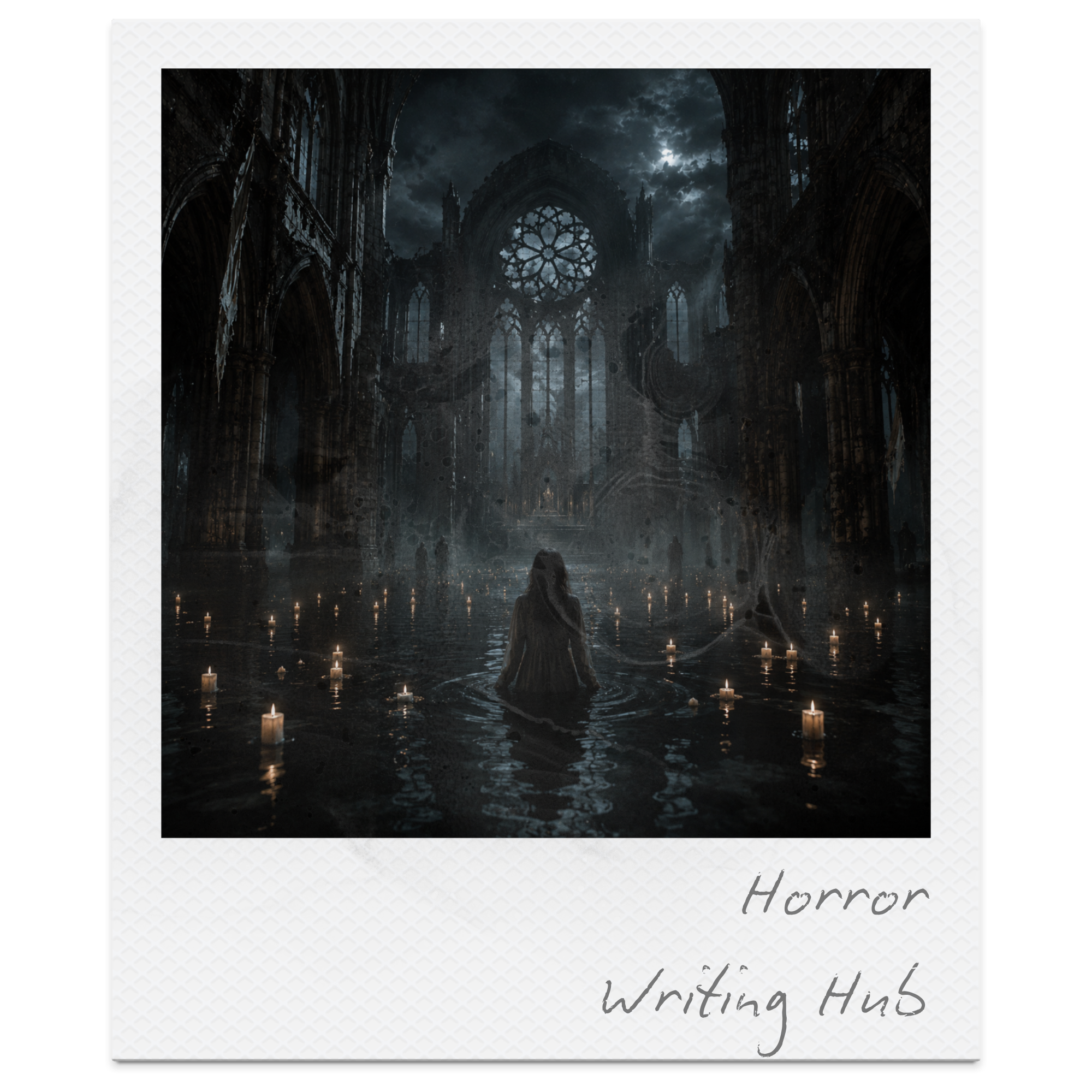 Dark, abandoned gothic cathedral interior under cloudy night sky, lit by candles on the water floor, with a woman in white standing in the water.