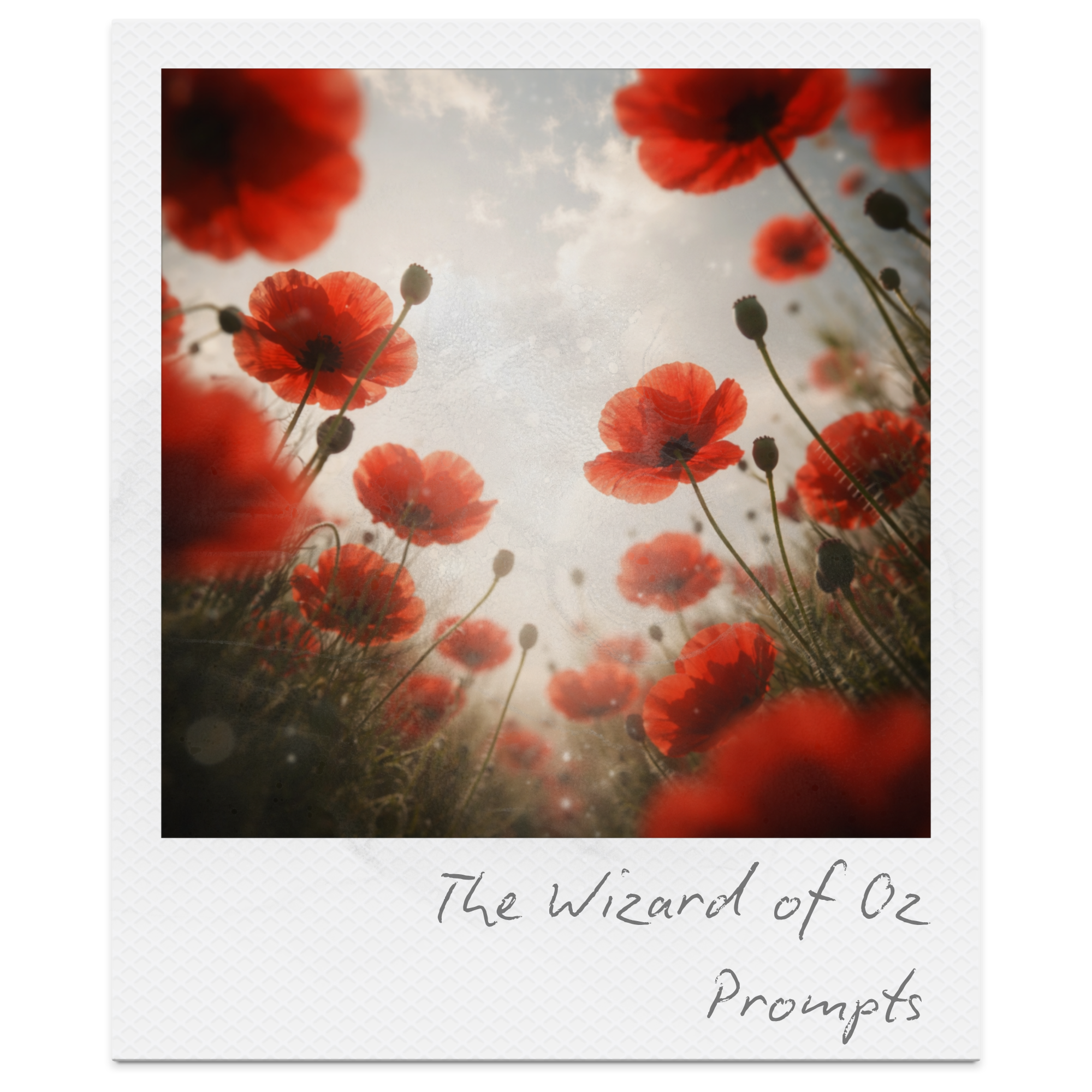 Red poppies viewed from below with the sky in the background, and text overlay reading "The Wizard of Oz Prompts."
