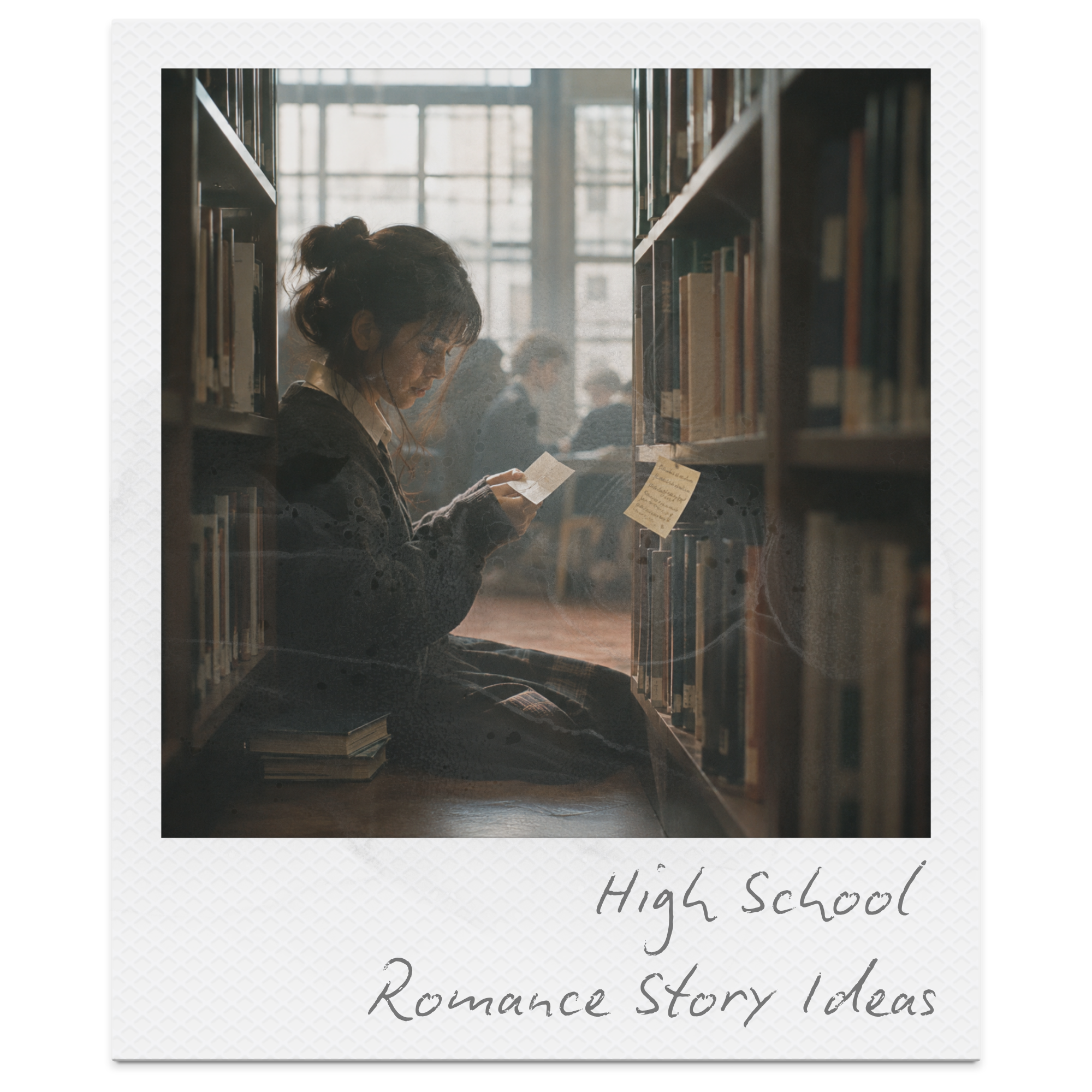 A young woman with glasses and a bun hairstyle reading a book in a library, with bookshelves and large windows in the background.
