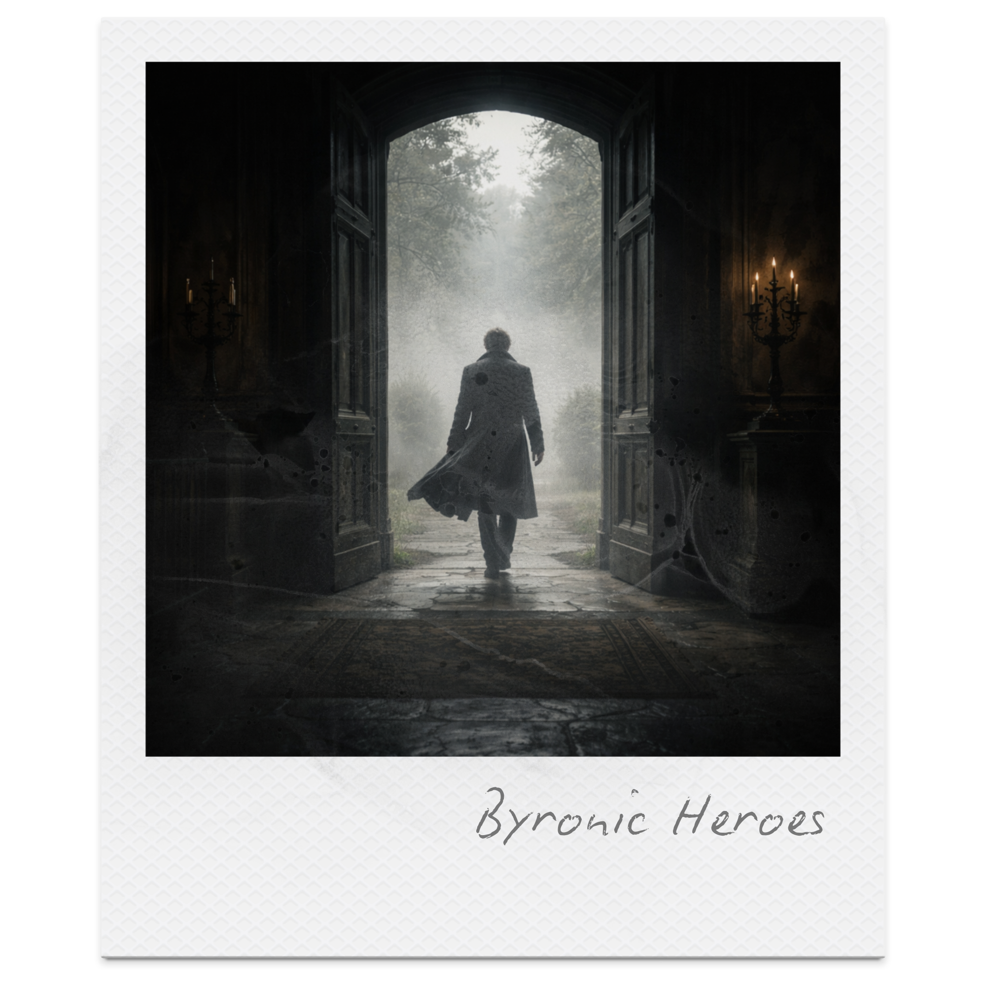 A person walking out of a large open doorway into a foggy outdoor landscape, with dimly lit candelabras on either side of the doorway, and the words "Byronic Heroes" written below the image.